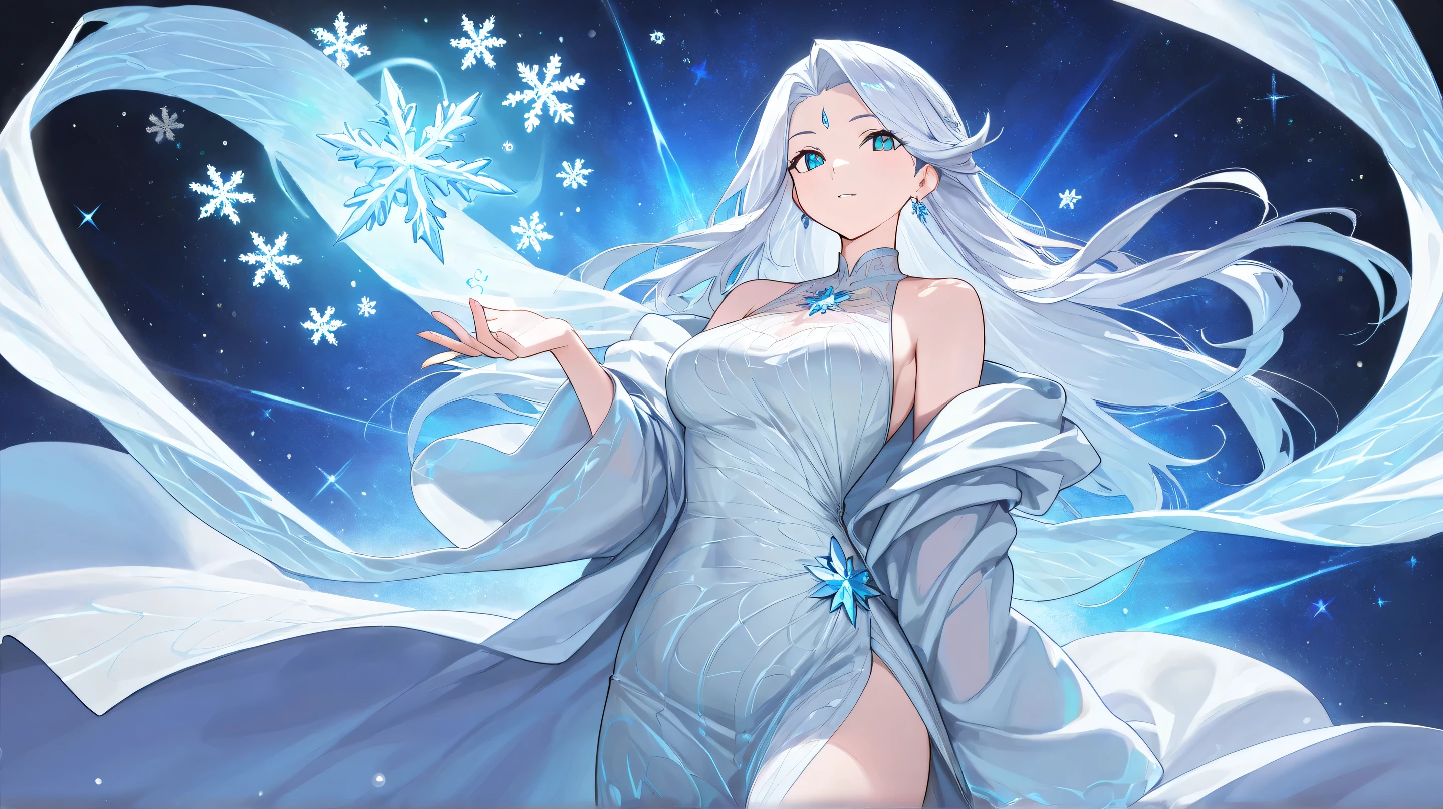(Fraction_9,Fraction_8_Direction_7_up),1 Woman,(((bust))), Wearing a skirt,Snowflakes on skirt,Dragging ice crystals in hand,Digital Art on, White-haired deity, Ice Witch, Beautiful frost witch, Flowing Magic Robe,Ice Mage, Woman made of ice, Gu Weiss, goddess of winter, flowing white robe, White cyan,