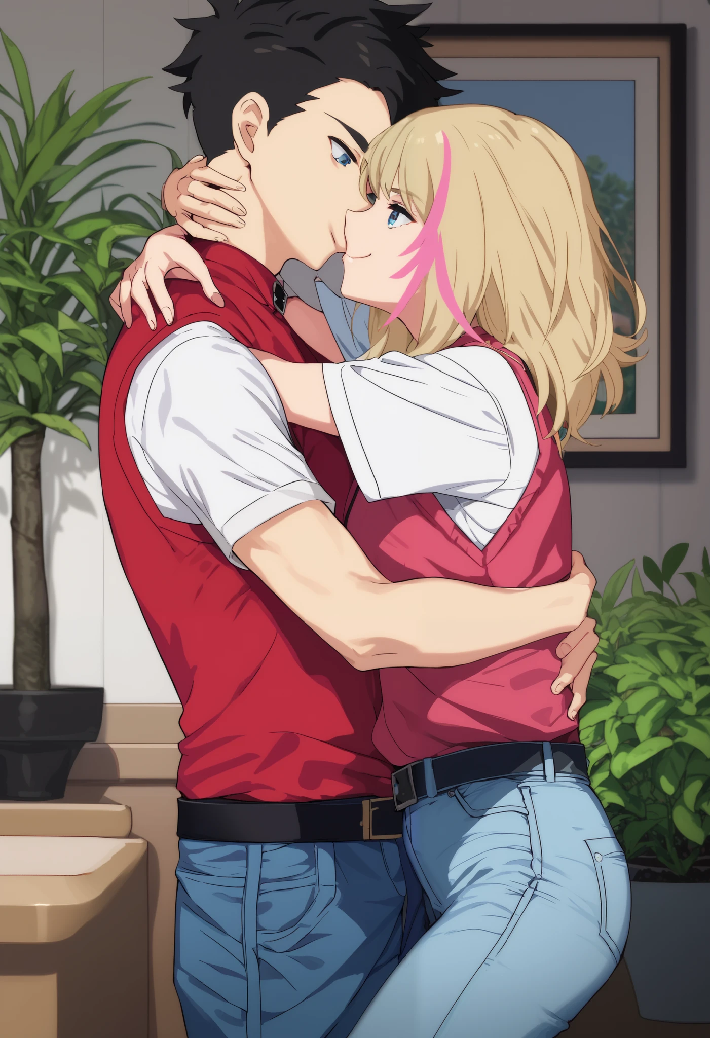 1girl, smile, blue eyes, blonde hair, shirt, black hair, 1boy, closed mouth, Blue eyes, white shirt, pink hair, short sleeves, hetero, multicolored hair, belt, pants, indoors, vest, streaked hair, hugging, plant, denim, black belt, age difference, jeans, height difference, blue pants, potted plant,deep kiss, kawai rika and Esso sex
