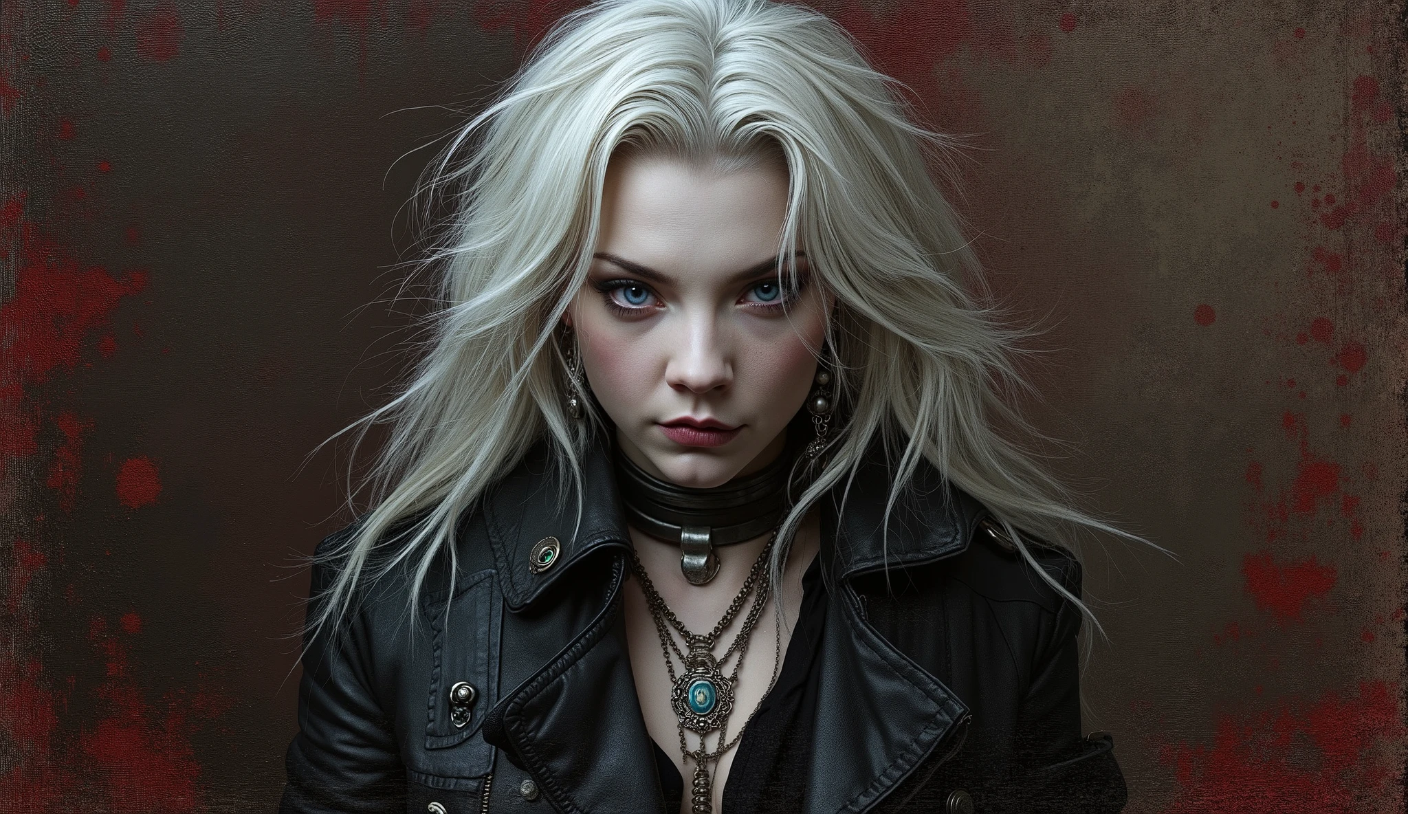 An extremely detailed hyper realistic photo depicting a dark edgy woman portrayed by a young Sophia Tatum in a gothic/punk style. She is albino and has piercing violet eyes. Her long white hair is flowing and slightly disheveled, creating a dramatic effect. She's wearing several necklaces including what appears to be a pendant or medallion. The artwork has a gritty, intense atmosphere enhanced by the color palette of blacks, deep reds, and browns. There appear to be splatter effects or distressing in the painting, giving it a raw, possibly post-apocalyptic or horror genre feel. The background is textured in muted tones. The lighting creates strong contrasts, emphasizing the moody and dramatic nature of the piece. The overall composition suggests a character design that might be from a gothic fantasy or dark urban fantasy setting, with strong influences from punk and metal subcultures in the styling and accessories. Her eyes are piercing and her lips are pursed in a serious, somewhat defiant manner. The character's attire consists of a black leather jacket with metallic hardware. This ensemble gives her an aggressive, rebellious appearance that matches the dark, moody atmosphere of the image. The overall color palette is predominantly dark, with hints of red and orange that add to the sense of drama and intensity. The level of detail and the emotive, expressive quality of the character's face create a compelling, almost cinematic portrait of a complex, multifaceted individual. The image evokes a sense of strength, defiance, and an unwillingness to conform, making the subject a visually striking and captivating figure.