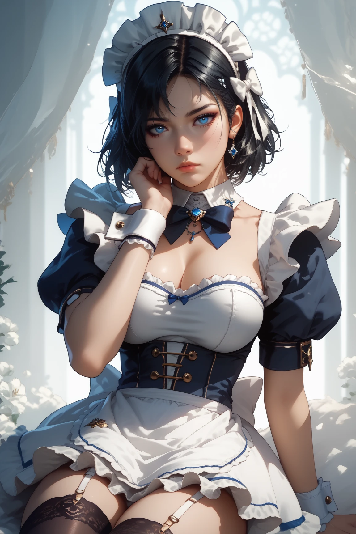 A woman, sexy, white skin, short hair, blue hair, blue eyes, maid clothes dress, black pantyhose