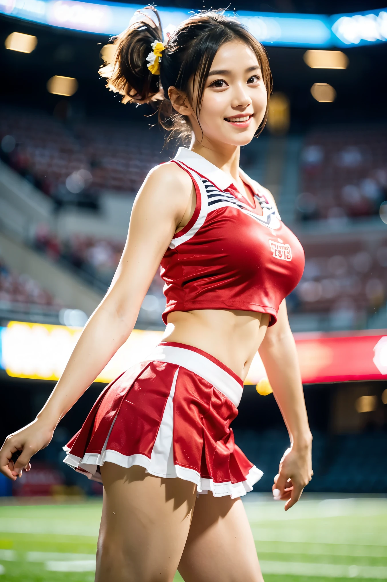 (8K、top-quality、masterpiece:1.3)、foco nítido:1.2、(realisitic、Photorealsitic:1.5)、((cheer girl:1.6))、A 23-year-old girl、Short Bob Hair、pale-skinned、Heterochromia eyes、Mole under the eyes、hitornfreckles、beutiful breast、Slouch Pose 、Sexy cleavage emphasis、(Opening legs:1.1)、Sexy thighs、Sexy navel、Digital SLR、softlighting、hightquality、film grains、FujifilmXT3、Beautie:1.5、(a smile:1.5)、(Open your mouth slightly)、、(a miniskirt)、((top-quality))、((ultra-detailliert))、(The background is the stadium)、Floating hair、(Soft boobai)、Very low angle、s ass、undergarment