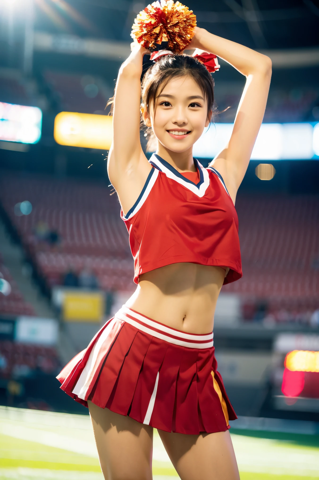 (Best Quality, master piece, Ultra high resolution, (Photorealsitic:1.4), Raw photo, extremely detailed, 32K), cowboy shot, dynamic pose, looking at viewer, (low-angle-shot, panty-shot, bra-shot), (1girl, 18-years-old, Japanese number one idol and the most popular cheerleader, dancing at school festival's stage, (upturned beautiful ass), wearing only colorful Cheerleader's sleeveless shirt and colorful pleated skirt), ((extremely cute face like a Japanese famous idol, surprisingly beautiful big black eyes, amazingly cute smile, short-cut-haired)), detailed face, detailed eyes, detailed hair, detailed body, detailed hands, detailed arms, detailed thighs, detailed colorful cheerleader's sleeveless shirt, detailed colorful pleated skirt