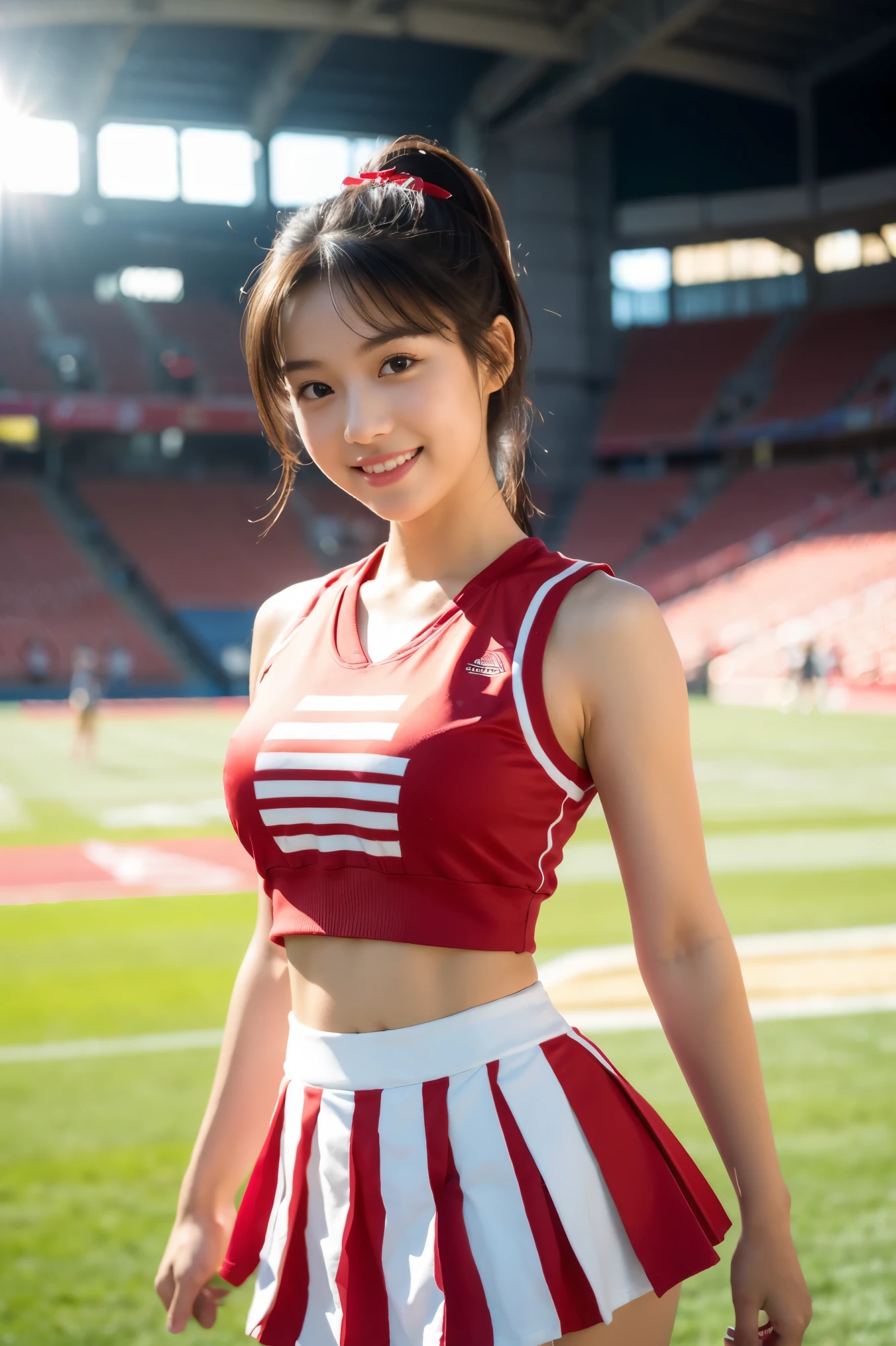 (8K、top-quality、masterpiece:1.3)、foco nítido:1.2、(realisitic、Photorealsitic:1.5)、((cheer girl:1.6))、20 years girl、Short Angle Bob Hair、pale-skinned、Heterochromia eyes、Mole under the eyes、thick eyebrow、hitornfreckles、beutiful breast、Small waist、thighs thighs thighs thighs、thighs gap、Sexy navel、Digital SLR、softlighting、hightquality、film grains、FujifilmXT3、Beautie:1.5、20yr old、(A smile:1.5)、(Open your mouth slightly)、((cheer girl:1.5))、(a miniskirt)、((top-quality))、((ultra-detailliert))、(The background is the stadium)、Floating hair、(Soft boobai)、