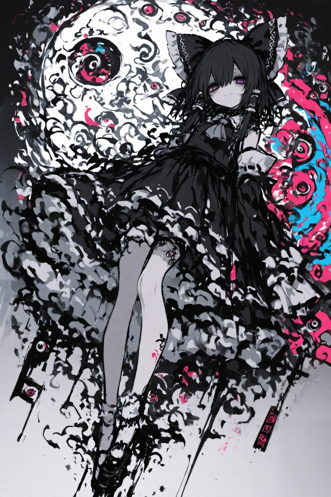 masterpiece, best quality, ultra-detailed,usnr,r17329_illu,Komeshiro Kasu style,dark gothic,Cute 1girl\(rem \(hakurei reimu,cyan eyes,light smile\),(dynamic pose:0.25) ,full body shot,masterpiece, best quality, 8k, highres, ultra-detailed,HDR, UHD, professional, vivid colors