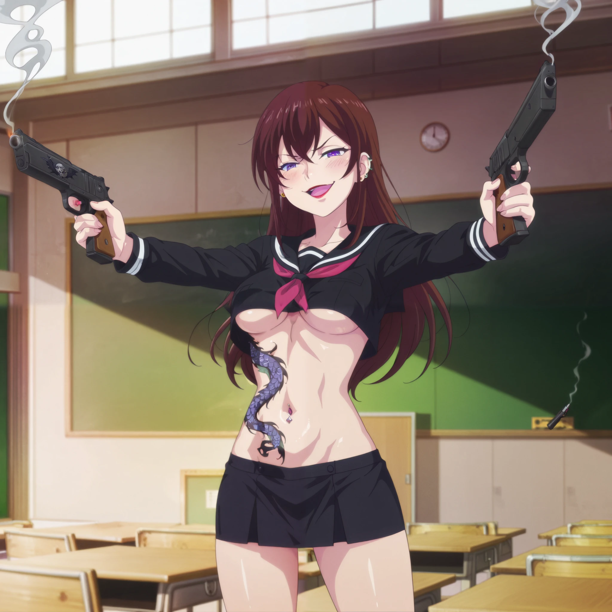 , (anime:1.4), 1girl, solo, claudia_synduality_noir, brown hair, purple eyes, long hair, ear piercing, long hair, blush, lipstick,Hot girl, baddie, staring, glaring, bad attitude, mean girl, dare, angry, hate, crazy, smoking, sensual, attractive ,masterpiece, best quality, highly detailed, a anime girls in sailor uniforms with a gun posing for a picture,
evil smile, smile, open mouth,black_serafuku, ecchi anime style, anime girls , (nsfw) not safe for work,
ecchi style, ecchi, shipgirls, digital anime art!!, high school girls, holding a gun, hold a gun, anime style 4
k, micro skirt, exposed belly, exposed navel, exposed midriff,
exposed lower belly,school, classroom,