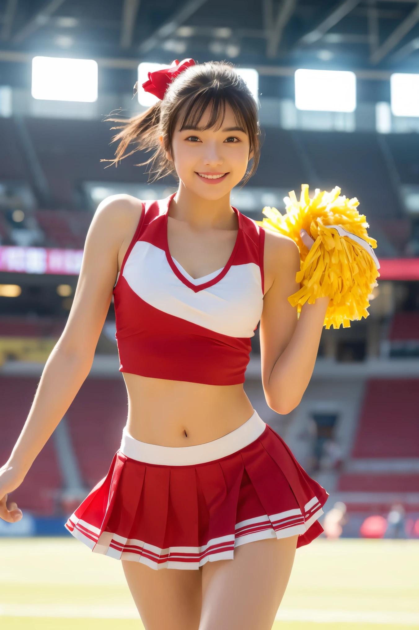 (((Sleeveless cheerleader Costume))),(((holding a pom-poms))),(((Skirt lift:1.5))),(((cleavage cutout))),(((running))),(((bare inner thigh))),(((bare sport panty))),ulzzang-6500-v1.1, (Raw photo:1.2), (Photo realistic:1.4), a beautiful detailed girl, extremely detailed eye and face, beautiful detailed eyes, ultra-detailed, High resolution, top-quality, masterpiece, highly detailed, 8k wallpaper, Wonderful, finely detail, top-quality, Light on the face,电影灯光,1girl in,(Taoyuan International Baseball Stadium in Taiwan),Beautiful eyes,smile,Opening Mouth