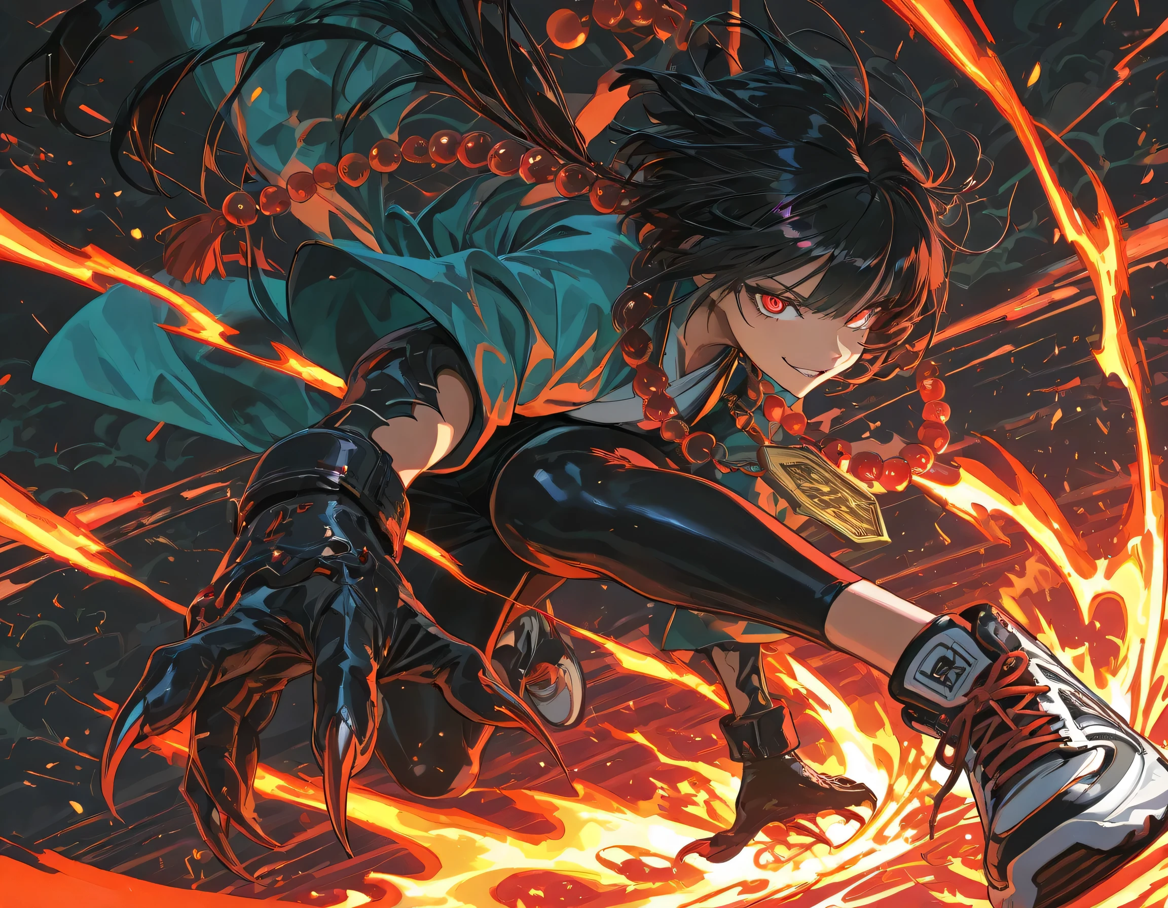 1girl, black hair, stylish clothes, stylish sneakers, grafiti as a backdrop, intricate detailed,Dragon claw gloves,Overflowing energy,Japanese anime painting art,Long black hair girl, arrogant face, With a sinister smile, ornament,Large prayer beads as accessories,High Resolution, Masterpiece, Accurate, Anatomically Correct, Award Winning, Best Quality, High Details, High Quality, Super Detailed, Anime, Anime Style, Japanese Illustration Style, dynamic angle, dynamic view,