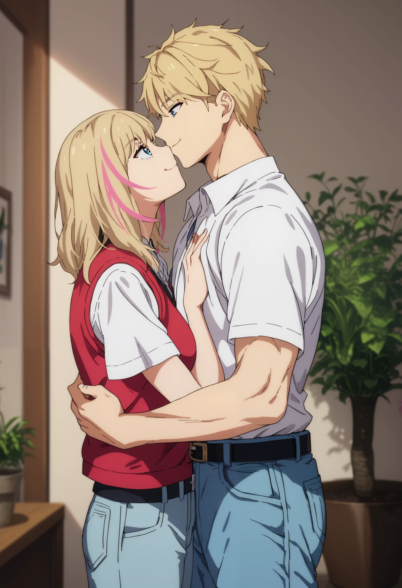 1girl, smile, blue eyes, blonde hair, shirt, black hair, 1boy, closed mouth, Blue eyes, white shirt, pink hair, short sleeves, hetero, multicolored hair, belt, pants, indoors, vest, streaked hair, hug, plant, denim, black belt, age difference, jeans, height difference, blue pants, potted plant,deep kiss, kawai rika and Esso sex, Incoming