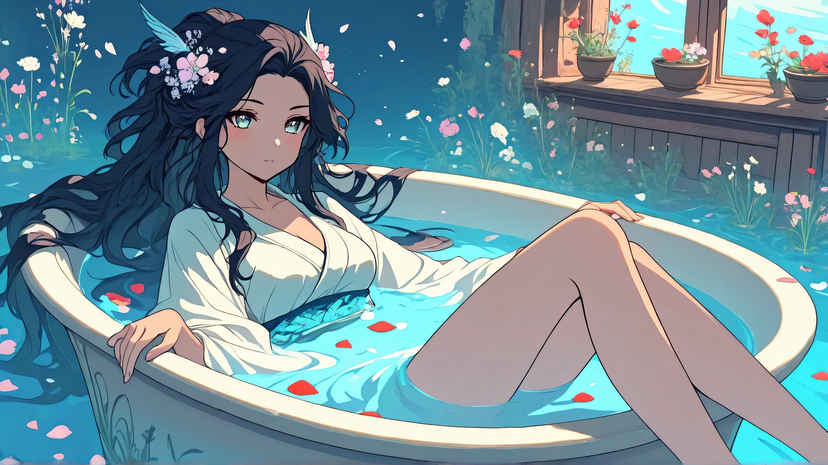 Masterpiece, Best Quality, Top Quality, Very Detailed, A serene warrior queen, submerged in a flower-filled tub. Her dark, flowing hair cascades around her, as violet petals float gently. Her calm yet intense expression reflects wisdom and quiet strength.