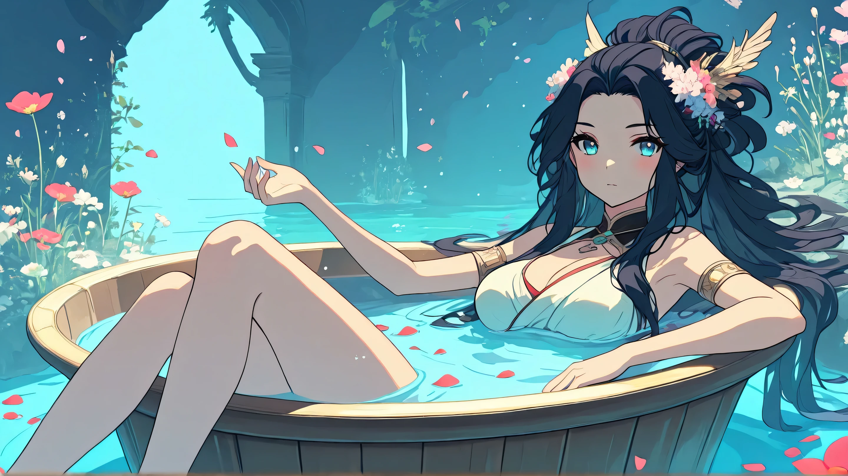 Masterpiece, Best Quality, Top Quality, Very Detailed, A serene warrior queen, submerged in a flower-filled tub. Her dark, flowing hair cascades around her, as violet petals float gently. Her calm yet intense expression reflects wisdom and quiet strength.
