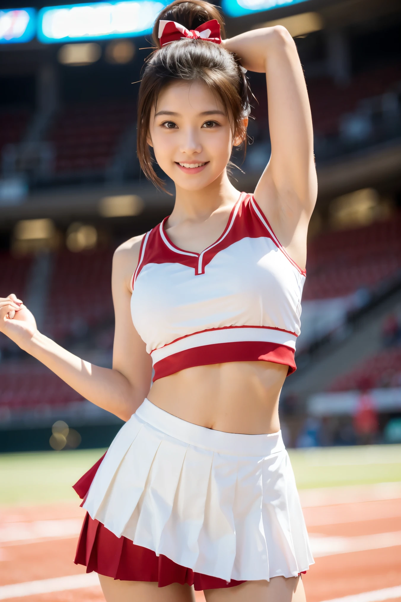 (((Sleeveless cheerleader Costume))),(((holding a pom-poms))),(((Skirt lift:1.5))),(((cleavage cutout))),(((outstretched arms))),(((bare inner thigh))),(((bare sport panty))),ulzzang-6500-v1.1, (Raw photo:1.2), (Photo realistic:1.4), a beautiful detailed girl, extremely detailed eye and face, beautiful detailed eyes, ultra-detailed, High resolution, top-quality, masterpiece, highly detailed, 8k wallpaper, Wonderful, finely detail, top-quality, Light on the face,电影灯光,1girl in,(Taoyuan International Baseball Stadium in Taiwan),Beautiful eyes,smile,Opening Mouth