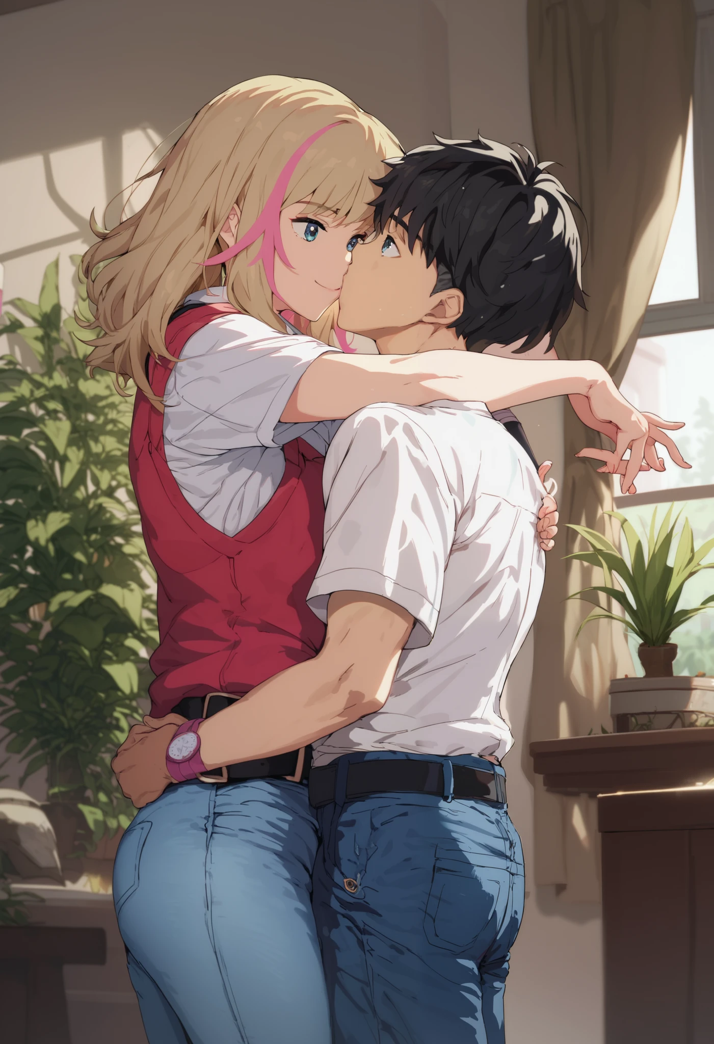 1girl, smile, blue eyes, blonde hair, shirt, black hair, 1boy, closed mouth, Blue eyes, white shirt, pink hair, short sleeves, hetero, multicolored hair, belt, pants, indoors, vest, streaked hair, hugging, plant, denim, black belt, age difference, jeans, height difference, blue pants, potted plant,deep kiss, kawai rika and Esso sex