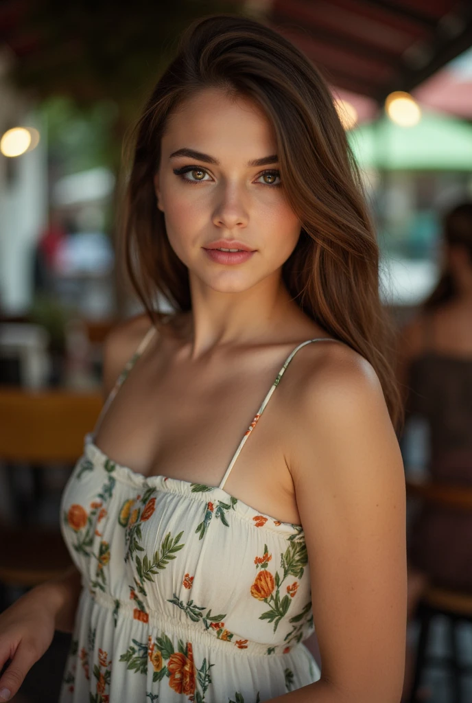 Beautiful woman, Scrawny, healthy, happy expression, satisfied with the body, dressed in a long flowered dress , fashionable clothes of the year 2024, She is in the Luxembourg Gardens in Paris, posing to photo, Photo to post on Instagram, face detailed, gorgeous eyes, beautiful lips, detailed hair, athletic body, natural lighting, dynamic pose, clean background, swirly vibrant colors, cinematic lighting, high qualiy, photorrealistic, posh, dynamic, mighty