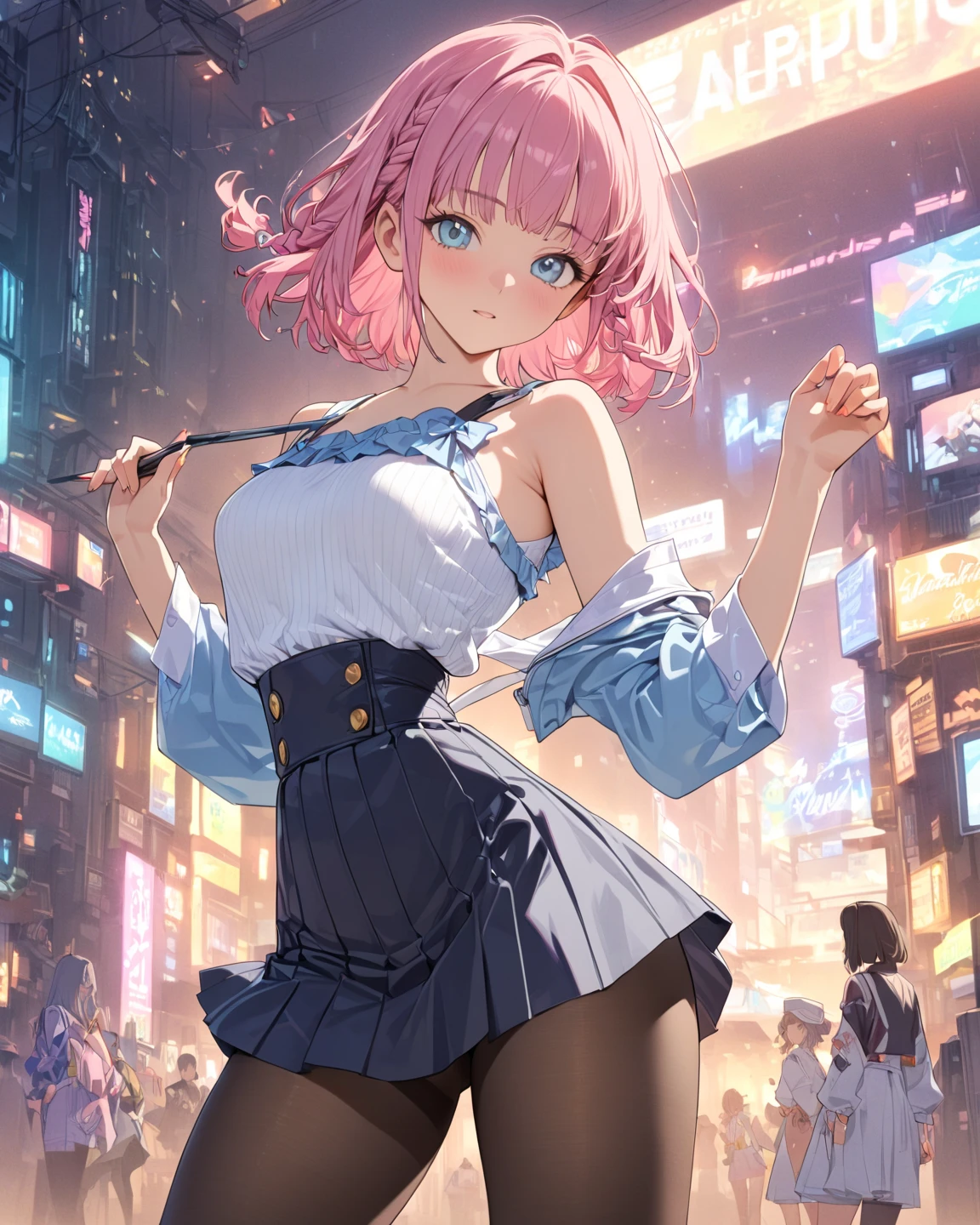 ((mature adult tall woman, mature_face)), (glowing green eyes), aqua cat ears, (super narrow waist), gradient (pink hair), large breasts, large areolae, (oily skin) , industrial city, surround by wall, steampunk. there is inn, residental area, ((airships)) in the sky, city gate, rusty and heavy, smoke, chimney, factories, gears, machinery, tall buildings, towers, steam power, steam pipes, streetlights, (bird-eye view), (night time, starry sky), (hard rain), (crossroad), (cinematic lighting:0.8, super detail, bloom), whore, skirt, shirt, stockings, choker, makeup, dynamic pose