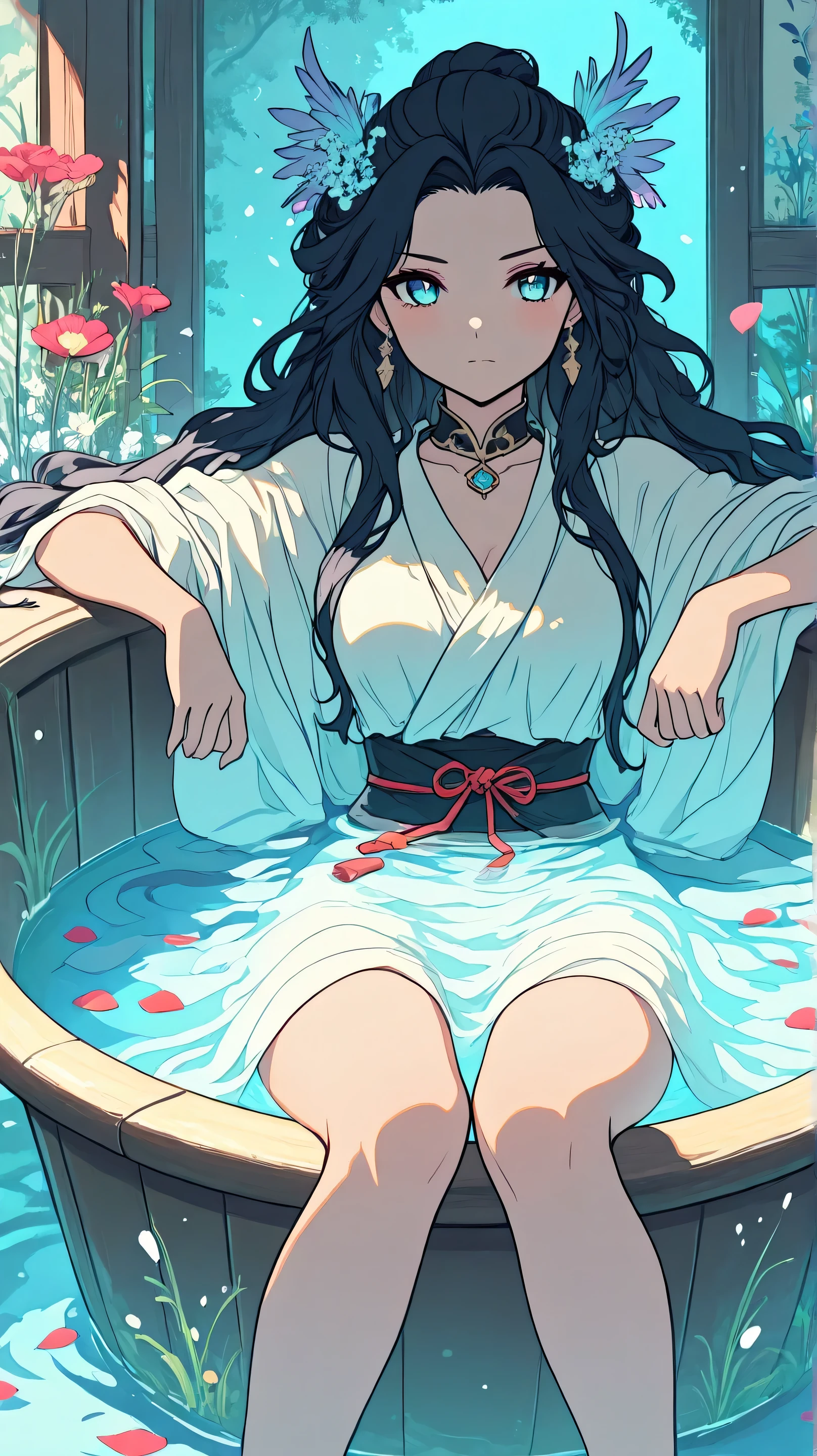 Masterpiece, Best Quality, Top Quality, Very Detailed, A serene warrior queen, submerged in a flower-filled tub. Her dark, flowing hair cascades around her, as violet petals float gently. Her calm yet intense expression reflects wisdom and quiet strength.