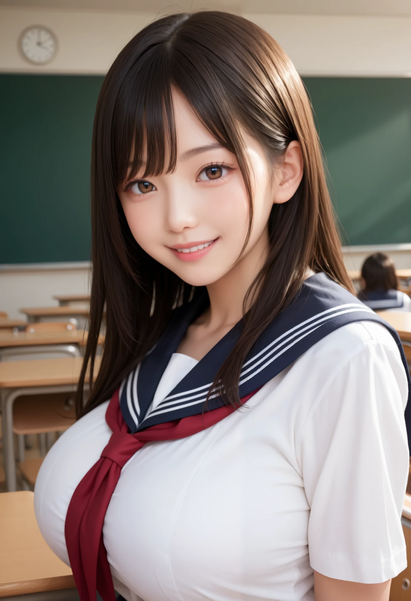 (master piece, best quality, detailed, absurd:1.2),Japanese Girl, , long black hair, beautiful character design, beautifully detailed eye depiction , Young face, expressive eyes, brown eyes, A smile of expectation, school uniforms, sailor skirt, huge breasts:1.2, 垂れた huge breasts:1.5, In the classroom, orbital space
