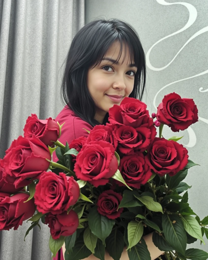 there is a woman that is standing in a mirror with roses, rosses, thick red lips, red lips, profile image, beutifull, ayahausca, red roses, with flowers, by reyna rochin, both have red lips, roses in her hair, in red background, deep red lips, big red lips