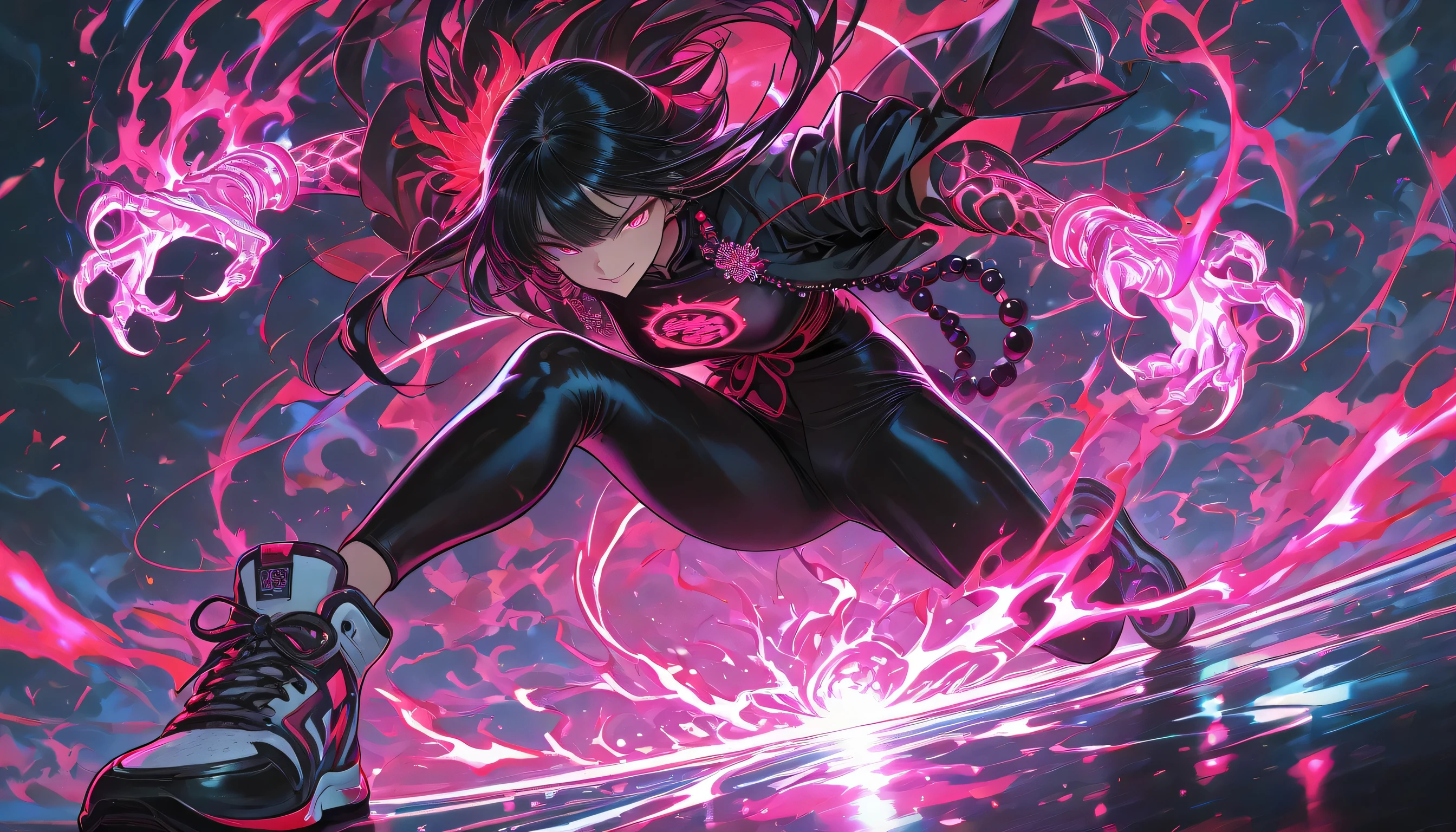 1girl, black hair, stylish clothes, stylish sneakers, grafiti as a backdrop, intricate detailed,Dragon claw gloves,Overflowing energy,Japanese anime painting art,Long black hair girl, arrogant face, With a sinister smile, ornament,Large prayer beads as accessories,High Resolution, Masterpiece, Accurate, Anatomically Correct, Award Winning, Best Quality, High Details, High Quality, Super Detailed, Anime, Anime Style, Japanese Illustration Style, dynamic angle, dynamic view,