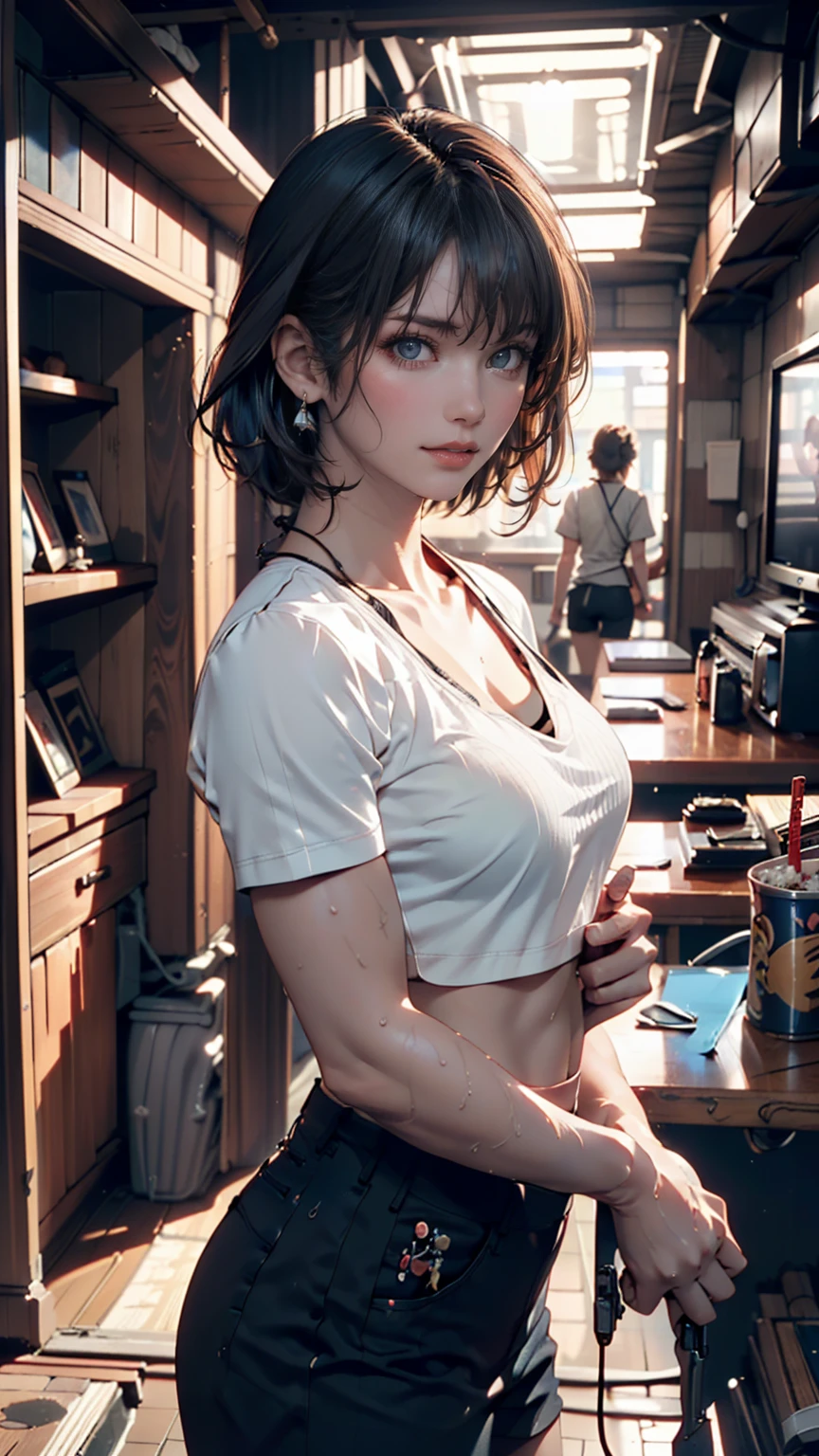 from below,dancing image,baggy t-shirt,swimsuit,(Thin type:1.5),(large breasts),(random hairstyle:1.2),(Highest image quality, (8K), Ultra-realistic, Best Quality, High quality, High Definition, high quality texture, high detailing, Beautiful detailed, fine detailed, extremely details CG, Detailed texture, realistic representation of face, masterpiece, presence)