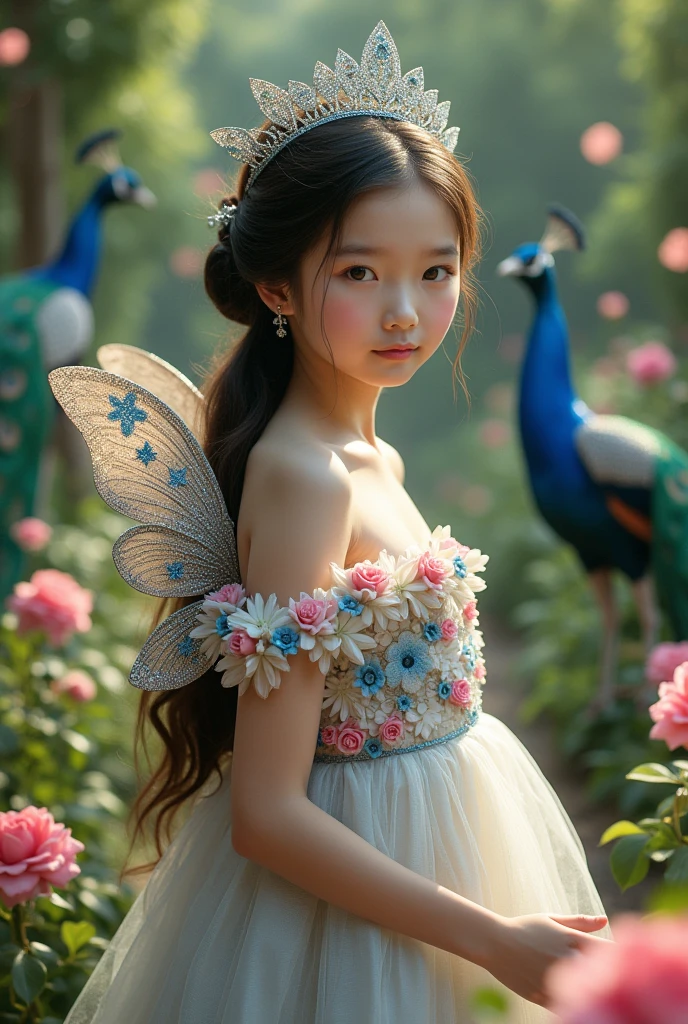 A girl, transparent butterfly wings, long black hair, blue dress, white skin tone, big blue eyes, the place is large roses