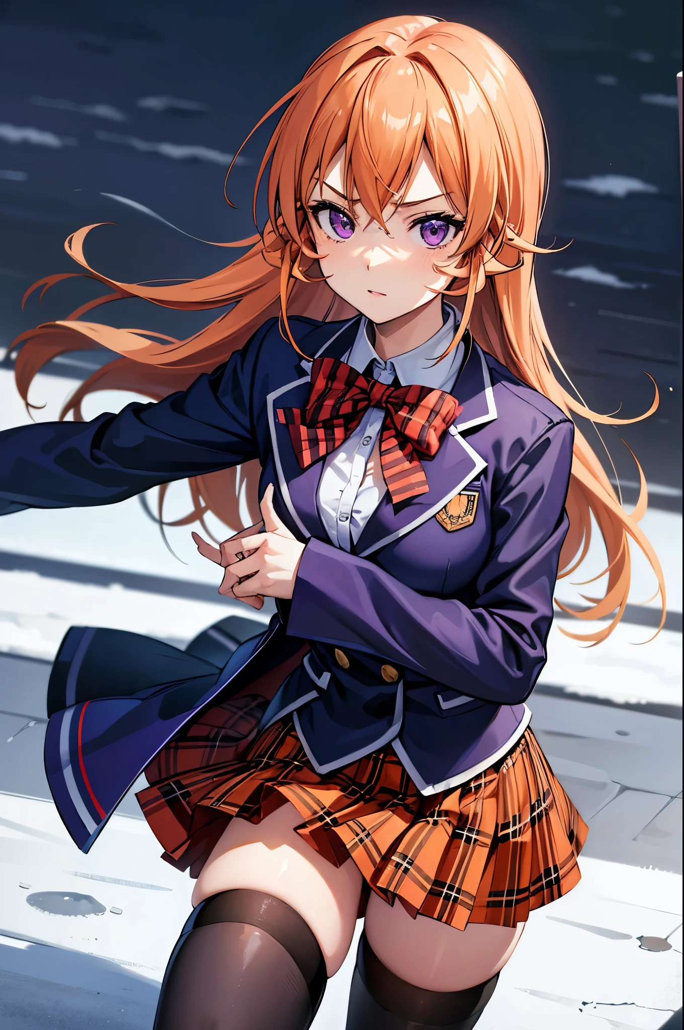 (masterpiece), best quality, expressive eyes, perfect face, highres, 1 girl, solo, erina nakiri, long hair, orange hair, (purple eyes:1.1), hair between eyes,skirt, thighhighs, bow, school uniform, jacket, pleated skirt, shoes, black thighhighs, zettai ryouiki, plaid, plaid skirt, blazer, outdoor backdground, (white panties:1.2), squatting, portrait, looking at the viewer, from front
