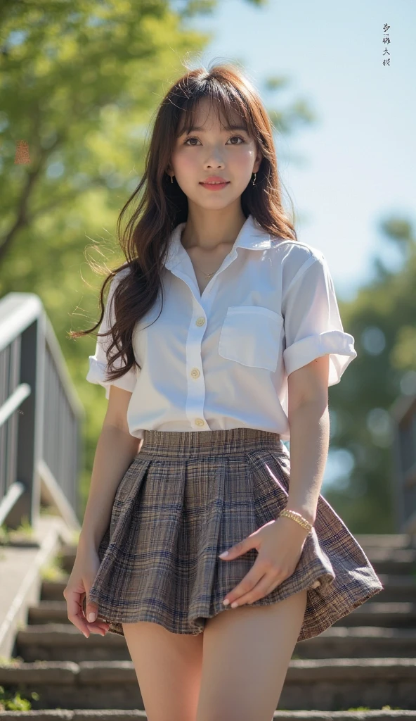 20 year old girl curly hair short skirt high stockings and shirt with low neckline