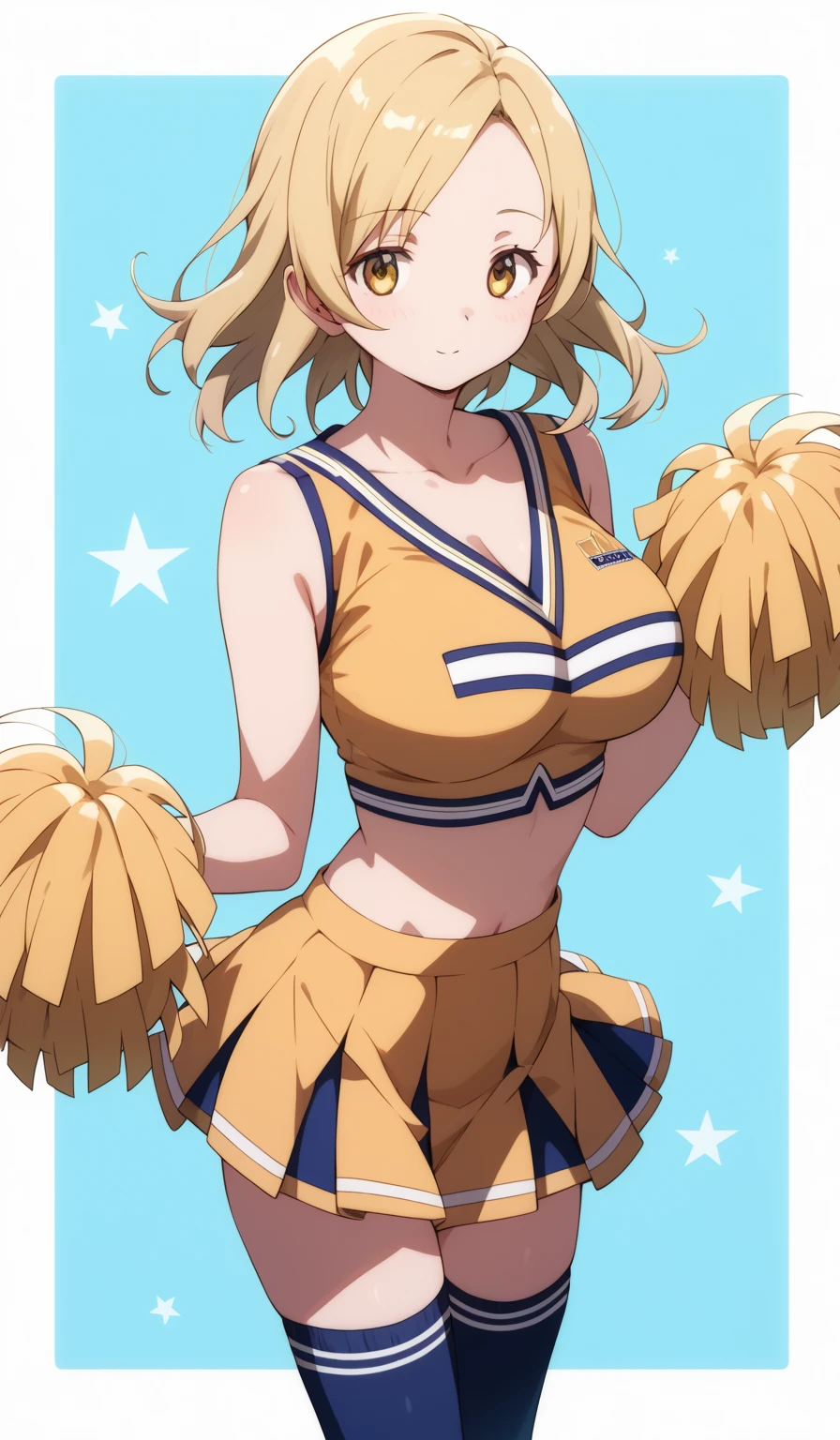 masterpiece, best quality, detailed beautiful face and eyes, very detailed background, Mami Tomoe, megami magazine, medium blonde hair, parted bangs, yellow eyes, large breasts, 1girl, cheerleader, midriff, collarbone, thigh socks, school field