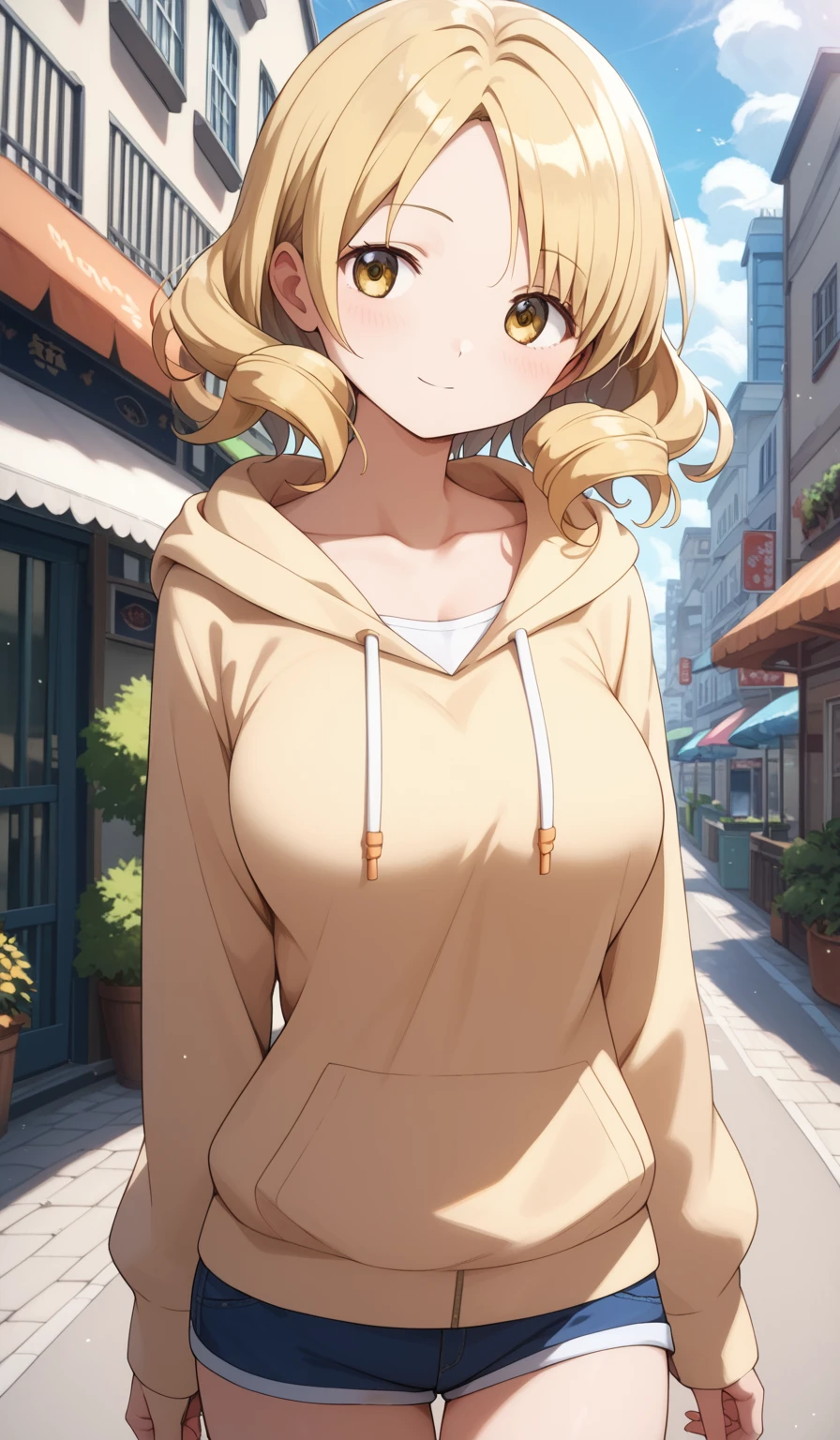 masterpiece, best quality, detailed beautiful face and eyes, very detailed background, Mami Tomoe, megami magazine, medium blonde hair, parted bangs, yellow eyes, large breasts, 1girl, cowboy shot, city, hoodie, collarbone, short shorts