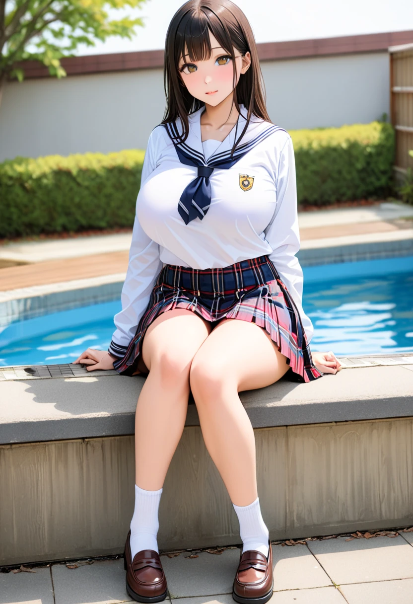 Bun hair、hyper pretty face、Ultra short check school uniform skirt、Navy blue high socks、huge tit、Cleavage protruding from high school girl's clothes、Both knees are on the ground、background a pool