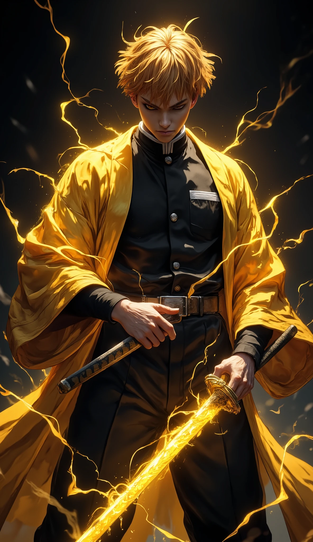 ((Realistic Fantasy art))!!, make more realistic, Landscape of a very handsome boy, In the blink of an eye, I can strike you down with deadly silence, (((((Black gradation backdrop)))))!!!!!, (((face exposed)))!!!, (((cowboy shot)))!!!, (((front focus))), (((both your hand hold long sword in front of you:1.5)))!, (((background Blurry))), Bokeh, lens flare, 2.8D Art, fantasy semi-realistic depth of field, film grain, male focus, BREAK, Zenitsu/(from 'Kimetsu no Yaiba'/), (((standing with charging attack)))!!!, (((electrical yellow Aura from long sword & body)))!!!, ((dramatic light from top)), (Bowing head down with eyes closed)!, yellow iris eyes, (((deadly smile)))!!!, long sleevemouth, (thin fresh peach lips)!, Perfect nose, pointy nose, handsome face, Face Clean, realistic Skin, hyper realistic, Perfect eyebrow appear through Light yellow hair, ((Light short yellow hair)), yellow hair between eyes, ((dynamic composition:1.6)), BREAK, detached sleeves, /(((wear black long sleeves uniform/)))!!!, (((yellow haori)))!!!, (((flat chess)))!!!, (((black long trouser)))!!!, Geta slippers, black sock, vivid color clothes, detailed realistic clothes, BREAK, Best Quality, Masterpiece, Ultra-detailed, Beautiful, hight resolution, Original, CG 8K, perfect photo, dramatic lighting, Beautiful lighting, (((Realistic art)))!!!, Realistic, Full HD, Best Quality, award winning, (8k wallpaper of extremely detailed CG unit), High Details, sharp-focus, The art of dramatic and photorealistic painting, dynamic composition, breathtaking rendering, strong color, deep shadow