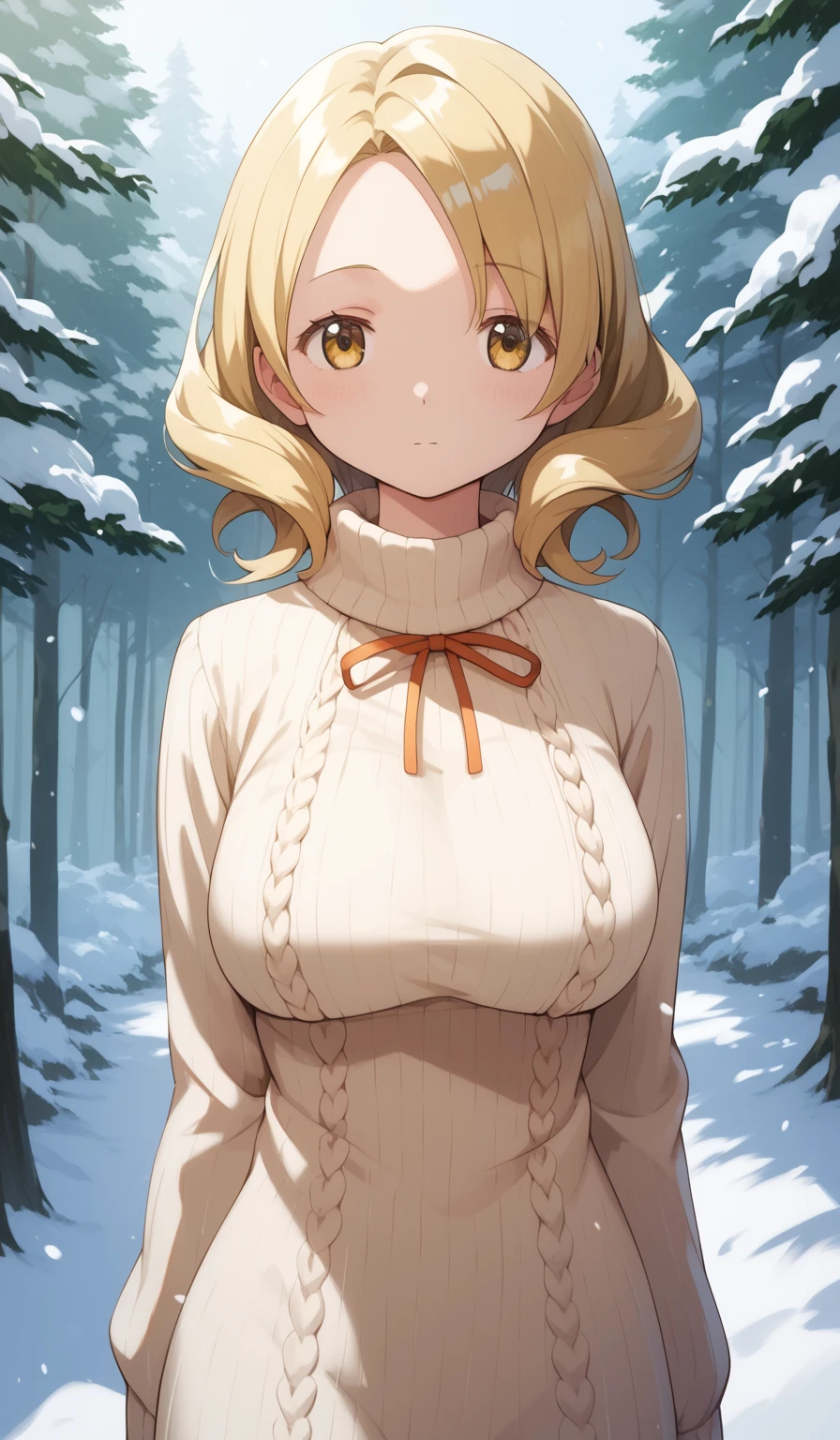 masterpiece, best quality, detailed beautiful face and eyes, very detailed background, Mami Tomoe, megami magazine, medium blonde hair, parted bangs, yellow eyes, large breasts, 1girl, cowboy shot, snowy forest, knit sweater dress