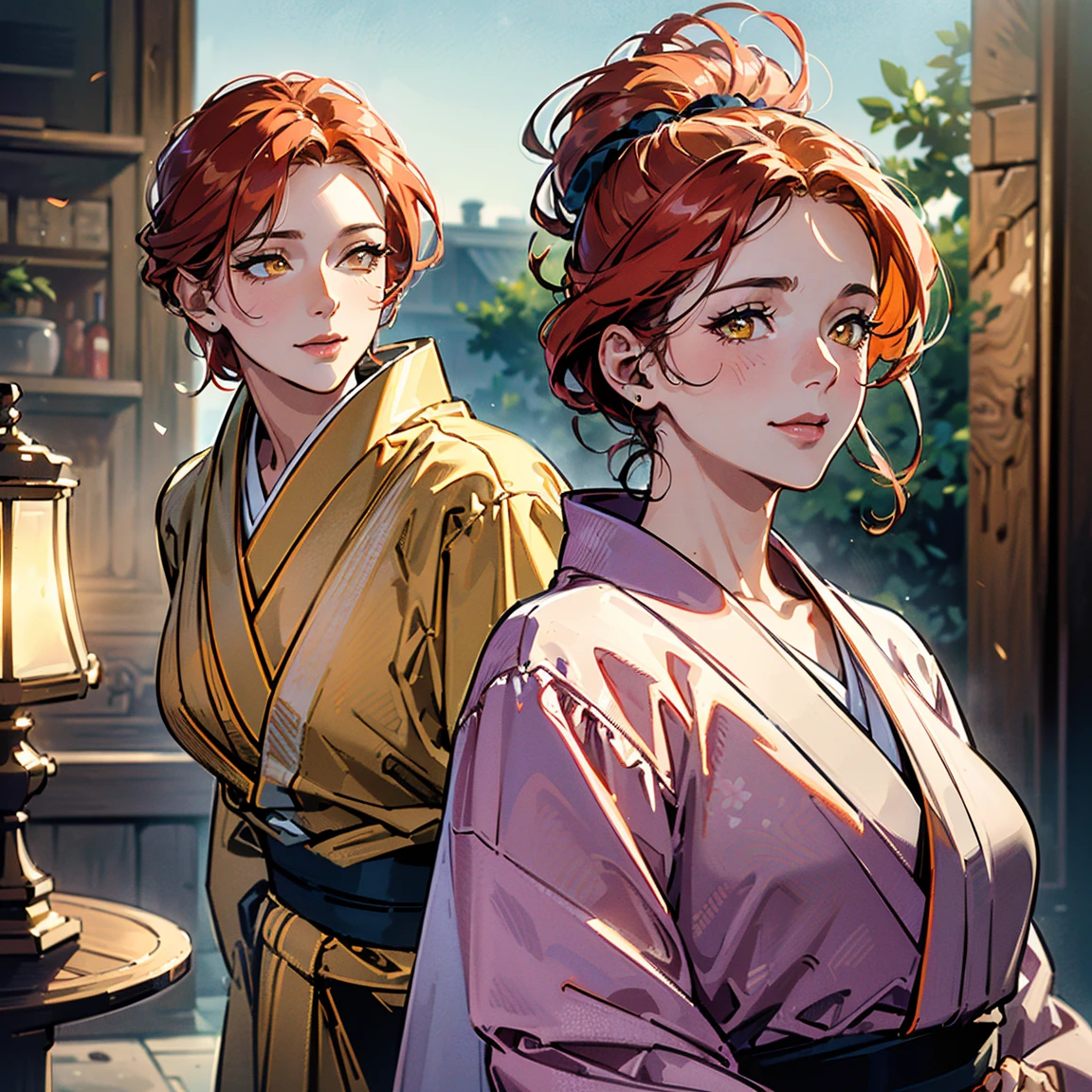1 pair of lovers，((men and women))，Good friends couple，wonderful, masterpiece, ultra high resolution, detailed background, realistic, muscular, handsome man，A man with center parted braids，he has red hair，A man wearing black Chinese clothes，Beautiful woman，Beautiful woman with long pink hair，purple eyed girl，big breasts，A woman wearing a purple cheongsam