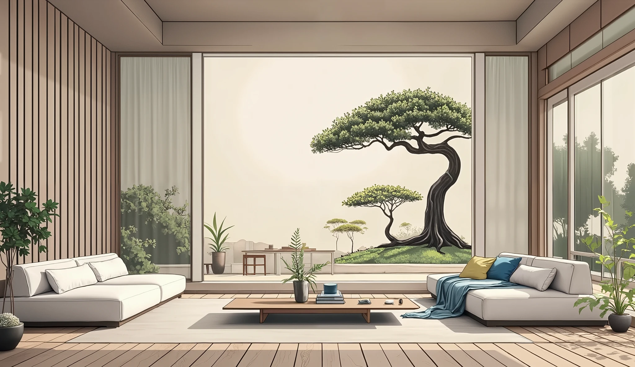 illustration in soft colors predominating , minimalism of a Japanese style living room with window to see the minimalist Japanese garden with bonsai trees, the stage evokes energy and elegance