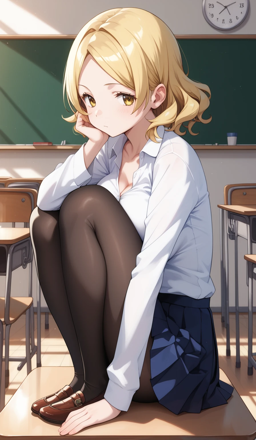 masterpiece, best quality, detailed beautiful face and eyes, very detailed background, Mami Tomoe, megami magazine, medium blonde hair, parted bangs, yellow eyes, large breasts, 1girl, glossy lips, classroom, white button-up shirt, collarbone, pleated black miniskirt, tights, sitting in her chair, view from the side, (bored), full body