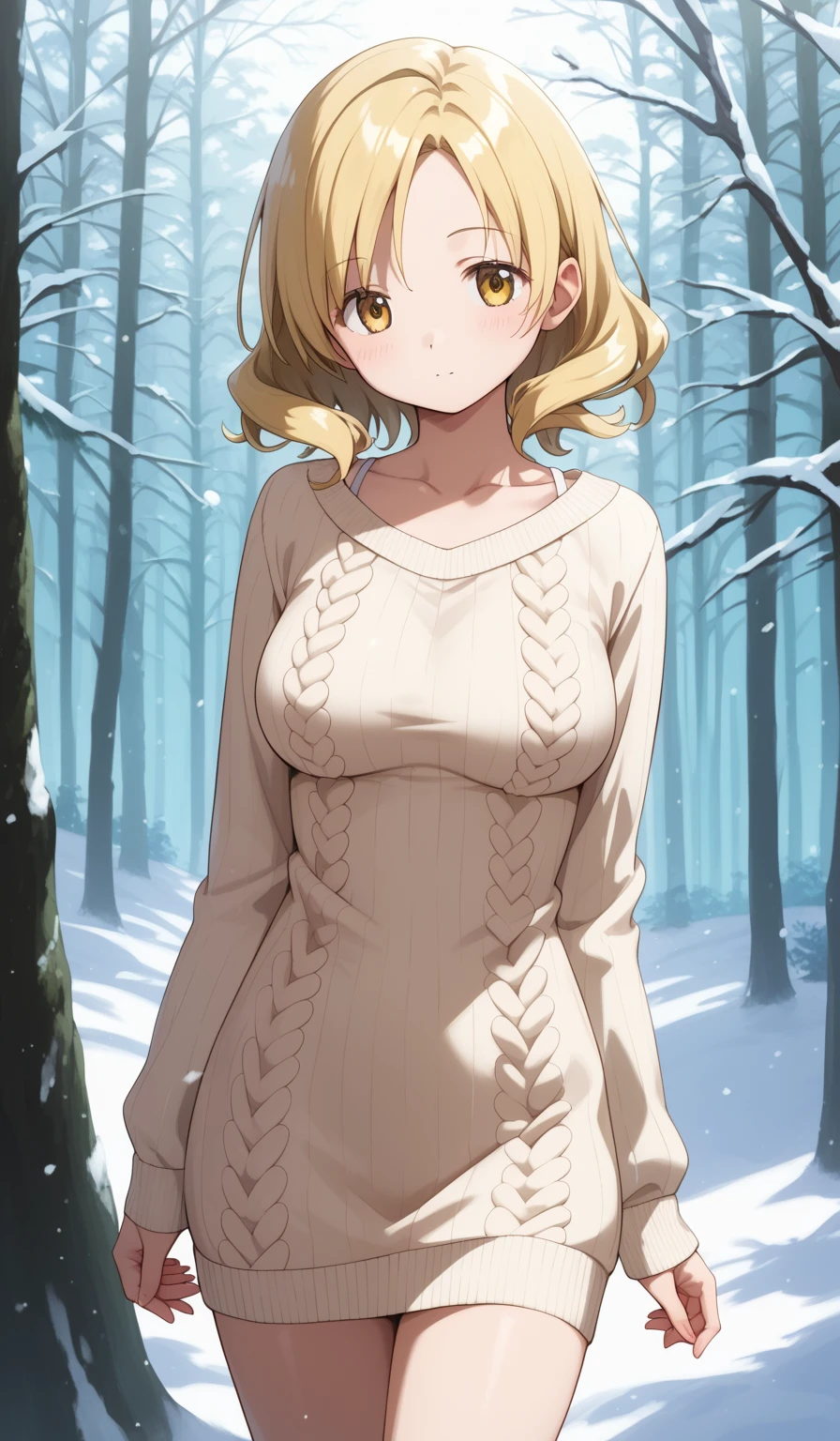 masterpiece, best quality, detailed beautiful face and eyes, very detailed background, Mami Tomoe, megami magazine, medium blonde hair, parted bangs, yellow eyes, large breasts, 1girl, cowboy shot, snowy forest, knit sweater dress, bare legs, collarbone