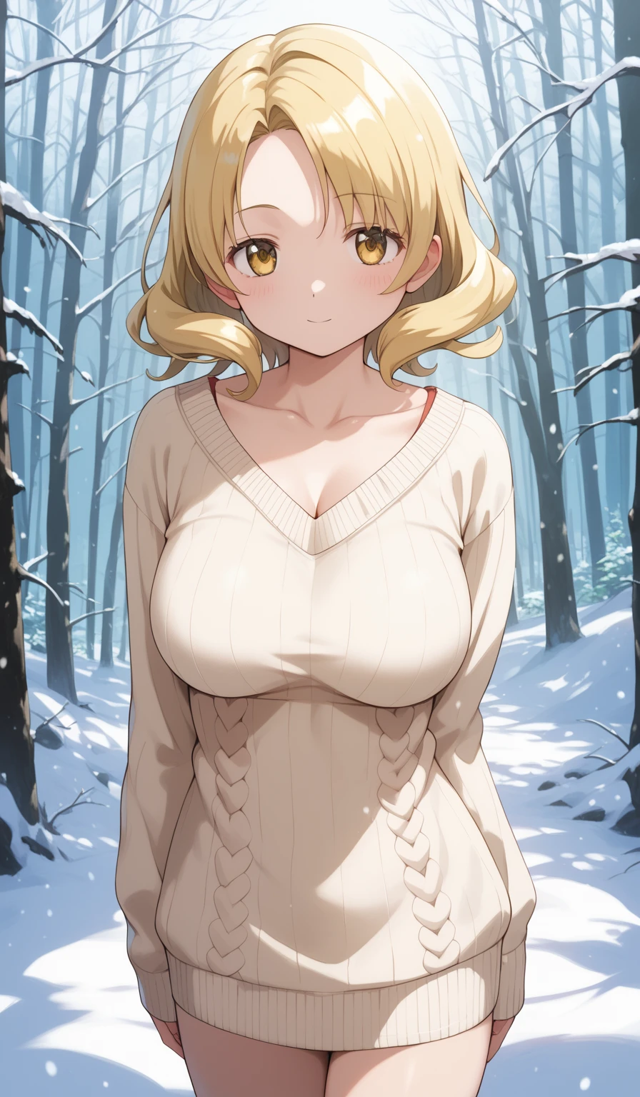 masterpiece, best quality, detailed beautiful face and eyes, very detailed background, Mami Tomoe, megami magazine, medium blonde hair, parted bangs, yellow eyes, large breasts, 1girl, cowboy shot, snowy forest, knit sweater dress, bare legs, collarbone