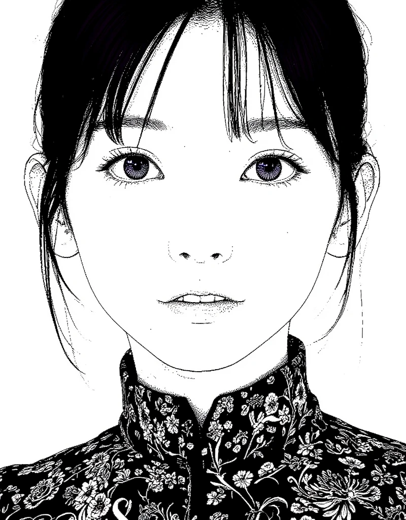 (Monochrome illustration: 8). A stylized black and white depiction of a woman's face. The figure has short, slightly wavy hair framing the sides of her face. (Solid black: 8), (Only the facial features of the figure - hair, eyes, eyebrows, nose and lips - are depicted in solid black: 9). (Solid black hair, solid black eyebrows, solid black lips: 8), The background is all white, creating a striking black and white contrast. (Simplified black only, no midtones, no halftones: 9)