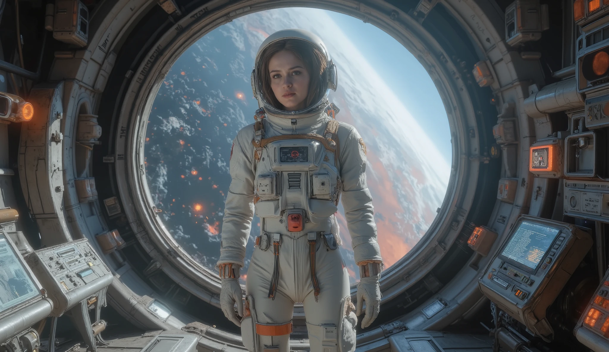 A female astronaut with her helmet on and standing in a futuristic space station with a circular lock where you can see the atmosphere of a reddish planet, , beautiful detailed eyes, beautiful and detailed lips, extremely detailed face and eyes, long tabs, dynamic pose, advanced technology , neon lights, shiny consoles, cinematic lighting, vibrant colors, science fiction, digital art, octane rating, epic lighting, 8K, Photorealistic