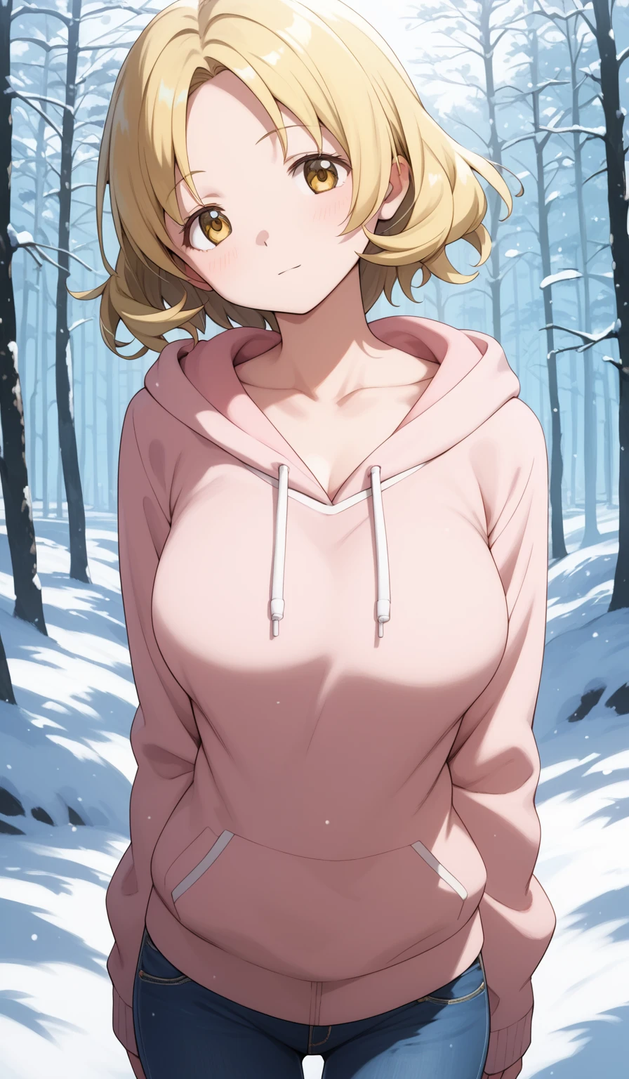 masterpiece, best quality, detailed beautiful face and eyes, very detailed background, Mami Tomoe, megami magazine, medium blonde hair, parted bangs, yellow eyes, large breasts, 1girl, cowboy shot, snowy forest, collarbone, hoodie, jeans