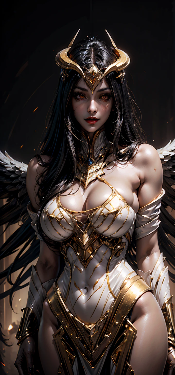 RAW photo, (best quality:1.3), high resolution, (masterpiece), (photorealistic:1.4), professional photography, sharp focus, HDR, 8K resolution, intricate detail, sophisticated detail, depth of field, extremely detailed CG unity 8k wallpaper, d4lilith, [Nanami Hachiro] as beautiful supermodel, extremely prefect fierce face, extremely prefect eyes:1.2, extremely prefect lips, extremely prefect nose, extremely prefect ears, (PureErosFace_V1:0.3), (naturally sagging enormous breasts:1.1), (Kpop idol makeup), dynamic pose, dynamic angle, (look at viewer), demon wings, ((horns)), realistic skin, solo, fansty world red fire background,  determined, dark theme,