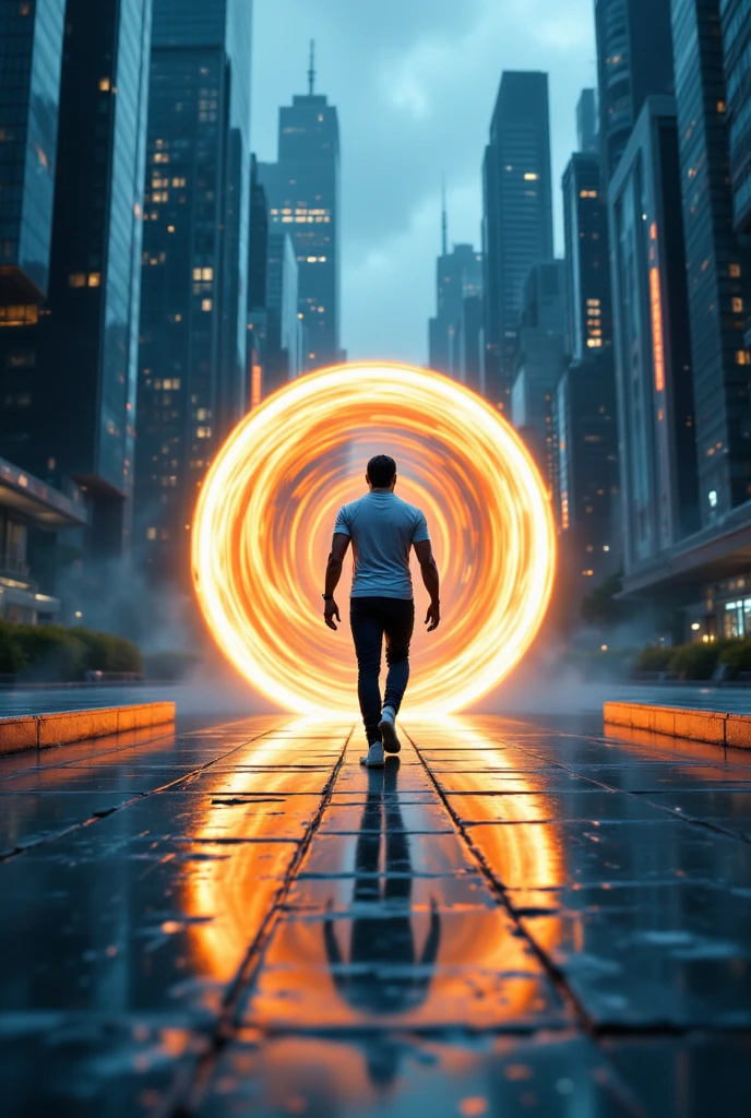 Man walking towards a glowing portal, futuristic cityscape background ...