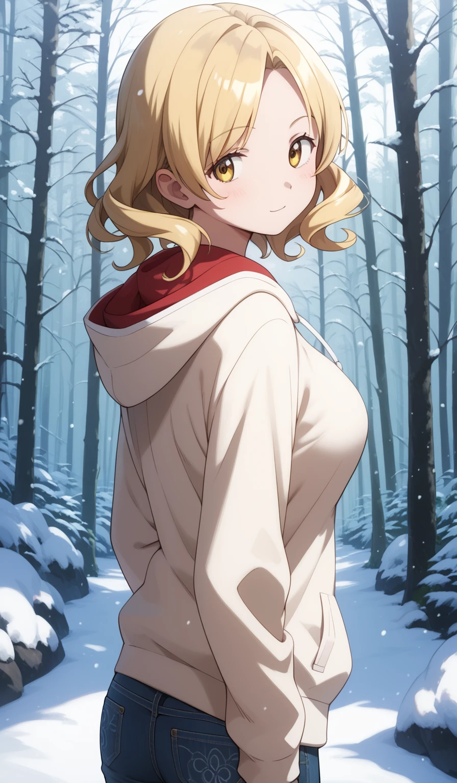 masterpiece, best quality, detailed beautiful face and eyes, very detailed background, Mami Tomoe, megami magazine, medium blonde hair, parted bangs, yellow eyes, large breasts, 1girl, cowboy shot, snowy forest, looking back at viewer, hoodie, jeans