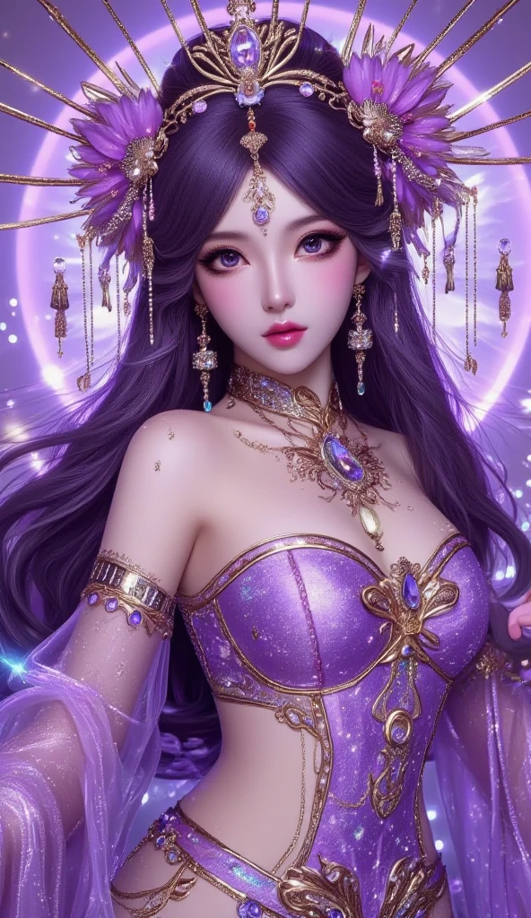 Purple Hair, One 20-year-old girl, 1. Goddess Athena, Pink purple silk dress, The beautiful, flawless face of the goddess Athena, delicate yellow nightgown, Lots of sexy black lace detailing、Long sheer sequined nightgown, A beautiful pale red silk half veil, Legends of female saints, Icons of female saints, Beautiful goddess-like glitter, Dark and mysterious version, Vermilion lips, Plump red lips, ((口をclose:0.9)), Complete teeth, Symmetrical incisors, Bright white teeth, ((Angry face:0.8)), delicate and beautiful pino detailing, delicate and beautiful lip detail, (Pure and perfect face: 1.9), Female Eucharist, Round Breasts, 大きくてRound Breasts, Phoenix Brooch, Long, flat bangs, Long black hair, Beautiful, clear face and well-proportioned eyes, (Light purple eyes with transparent irises: 1.8), (Big round eyes and makeup, Sexy wet eye makeup, So beautiful、Careful hair and makeup, long and delicate blonde hair, delicate, Body image: 1.8), shape: Brilliant and, (The stars that make up the sky々: 1.7), (The Gate of Heaven and Imaginary Time and Space: 1.8), Imaginary art, RAW Photos, hanfu pictures, Best Photos, High resolution, 最high quality, Best Photos, Best Goddess Quality, 8k female, Super 8 Single Saint Portrait, The most true color scheme, masterpiece, Best Beauty Brands, Best Hair Jewelry, Brand real photo, Dark studio, Border Light, Two-tone lighting, (Rosy white skin: 1.4), (High skin detail: 1.1), 8k uhd, SLR, Soft Light, 8k, high quality, Frank, Smooth and sharp volume, 10x more pixels, Sexy Goddess, Sexy Goddess, (Background Space: 1.8), (The most beautiful aurora eye: 1.7), Beautiful Eyes, The aurora is beautiful and flower-like, (Beautiful single women: 1.8), (see here:0.8), close, Approaching the Goddess, Clear and unrealistic