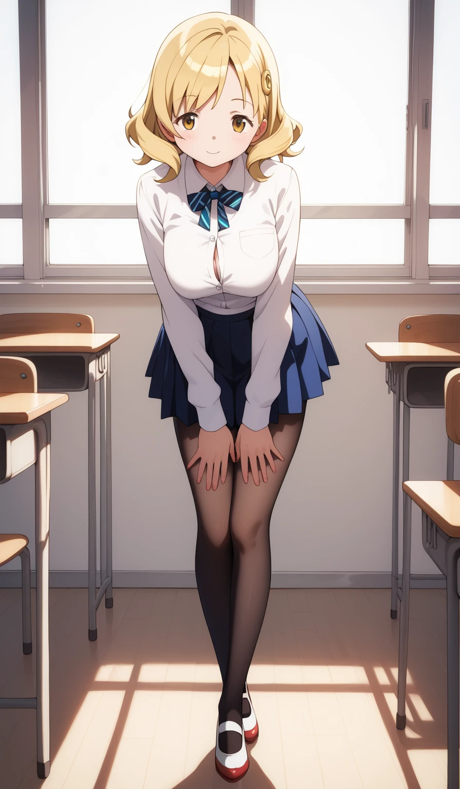 masterpiece, best quality, detailed beautiful face and eyes, very detailed background, Mami Tomoe, megami magazine, medium blonde hair, large breasts, 1girl, classroom, white button-up shirt, standing, pleated black miniskirt, tights, (view from behind), leaning forward, full body