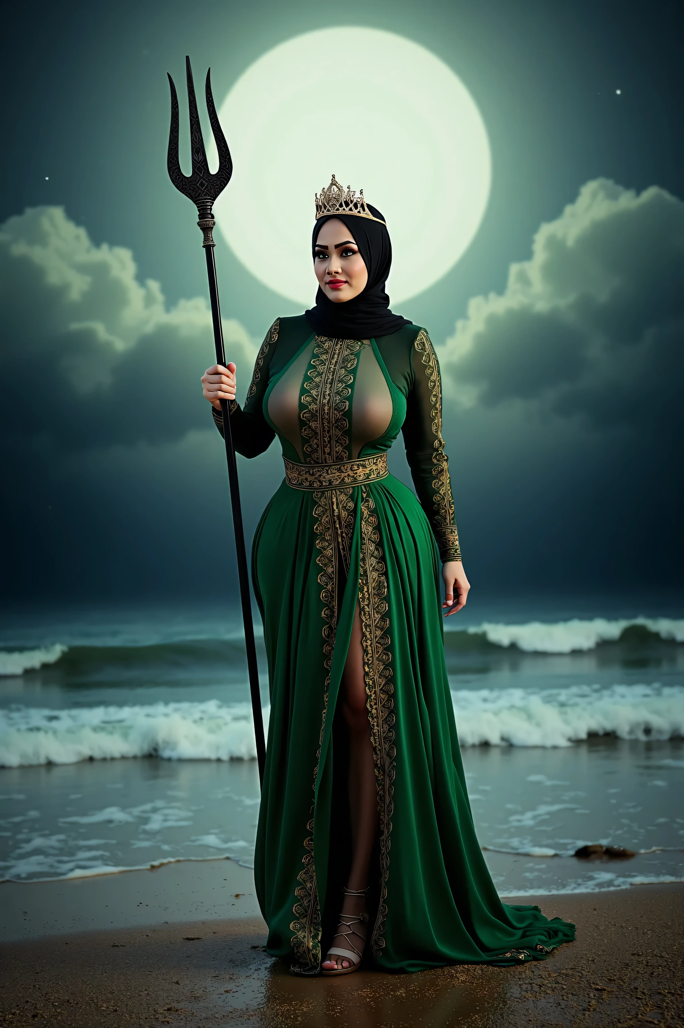 Fantasy scene, indonesian curvy woman age 25, height 185 cm, full body image, wear dark green black hijab, wear high heels lace up sandal, wear queens tiara, wears green transparant kebaya front opened wide, holding trident pole, standing pose proud and dignity, big huge boobs, big ass, round buttock, wear batik wrapped skirt with sexy cut leg, powerfull goddess aura, big tsunami ocean full moon on background