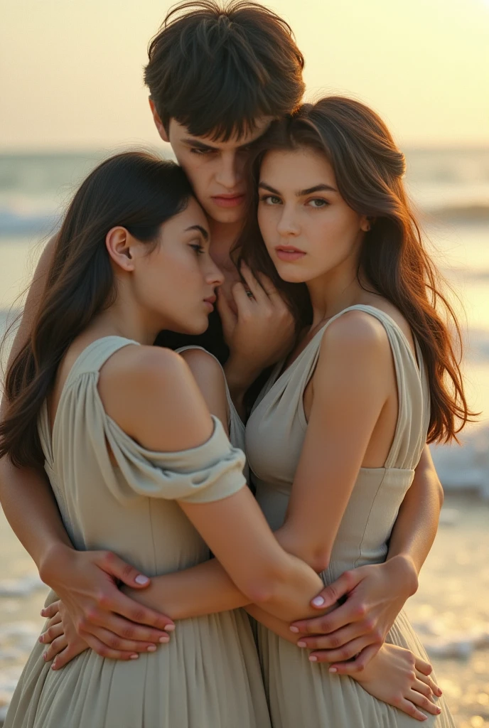 create an image of 2 beautiful women on a beach hugging a man, beautiful women hugging a man on a beach, background of a beach. the image must be hyperrealistic and cinematic