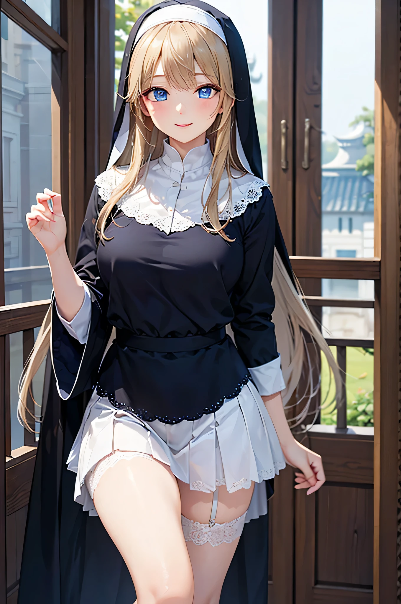 (masterpiece) , (best quality) , (reality: 1.3) , (photorealistic:1.3), Octane rendering, (surreal: 1.2) , perfect facial features, perfect appearance, blushing, (), original, extremely detailed wallpaper, highly detailed illustration, (1 Girl), (best lighting), ( super-complex detail), 4K unity, (ultra-detail CG: 1.2), devout nun, (8K: 1.2), full body photo, (smile: 1.5), seductive pose, church, white stockings