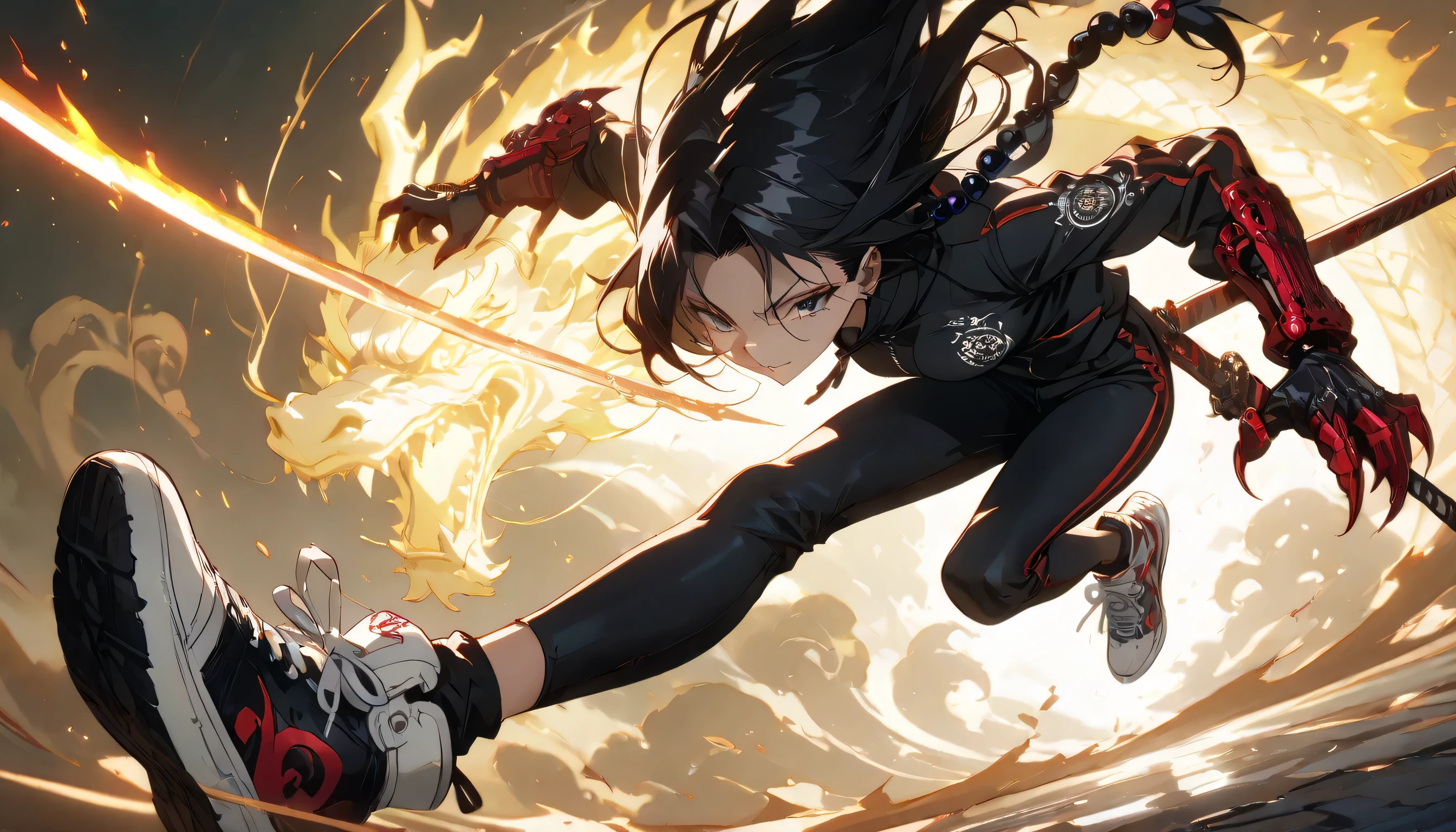 1girl, black hair, stylish clothes, stylish sneakers, grafiti as a backdrop, intricate detailed,Dragon claw gloves,Overflowing energy,Japanese anime painting art,Long black hair girl, arrogant face, With a sinister smile, ornament,Large prayer beads as accessories,High Resolution, Masterpiece, Accurate, Anatomically Correct, Award Winning, Best Quality, High Details, High Quality, Super Detailed, Anime, Anime Style, Japanese Illustration Style, dynamic angle, dynamic view, glowing Katana,