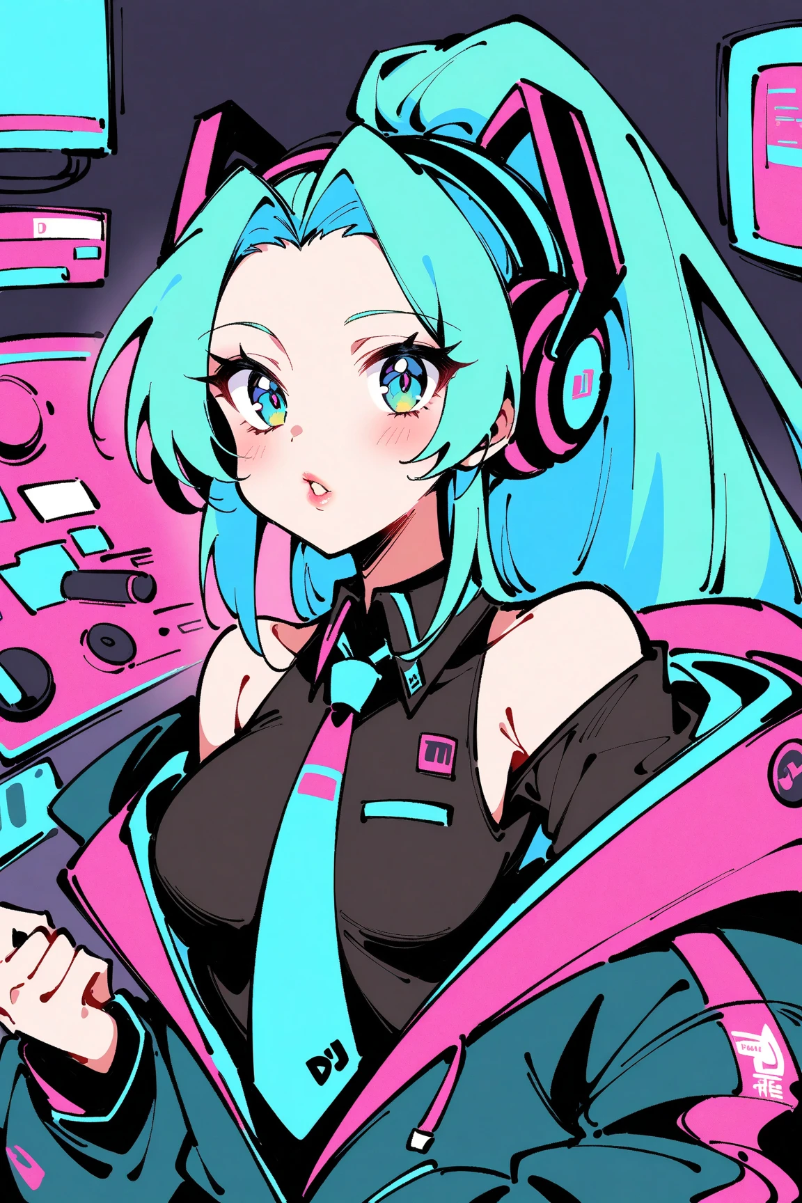 Best quality, (masterpiece:1.2), best detail face,1 girl, big breasts, 18 yo, 8k,absurdres,unity 8k wall paper,(extremely detailed:1.3), highest realistic, (retro headphones:1.1), (soft neon light:1.1), (floating hair:1.2), (psychedelic:1.2), Her room full of music equipment, Light clothing in summer, See the whole room, She is leaving the room, dark green color palette