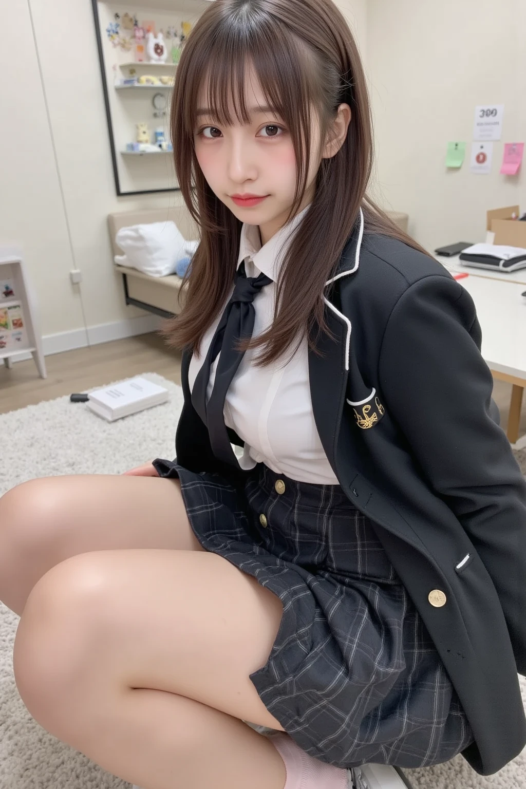 Miniskirt in high school girl uniform、Open your legs、（Sit with your knees upright:1.4）、（Pose to show off your best thighs and panties:1.5）、Burnt skin:1.5、Absolute area、wetting hair、rainfall、woman model、A Japanese Lady、LE SSERAFIM、(8K、RAW Photos、top-quality、​masterpiece:1.2)、(realisitic、Photorealsitic:1.37)、ultra-detailliert、超A high resolution、夏天